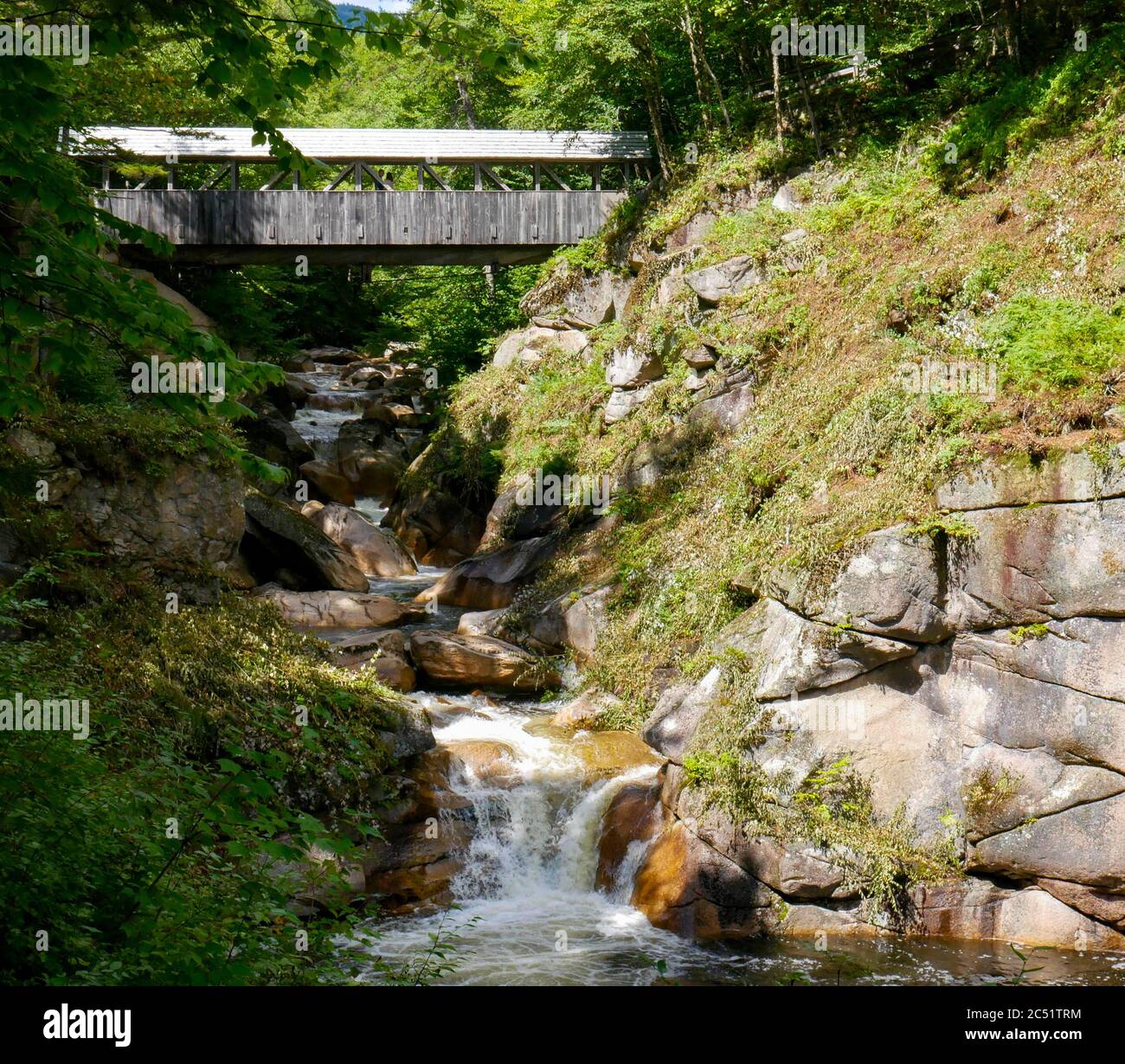 Sentinel Pine Covered Bridge over Gorge, Franconia Notch State Park, New Hampshire, USA Stockfoto