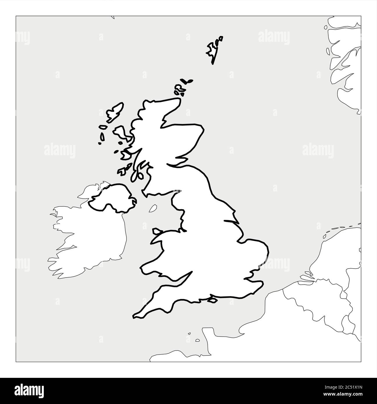 Karte von Großbritannien von Großbritannien und Nordirland schwarz dicke Umrisse mit Nachbarländern hervorgehoben. Stock Vektor