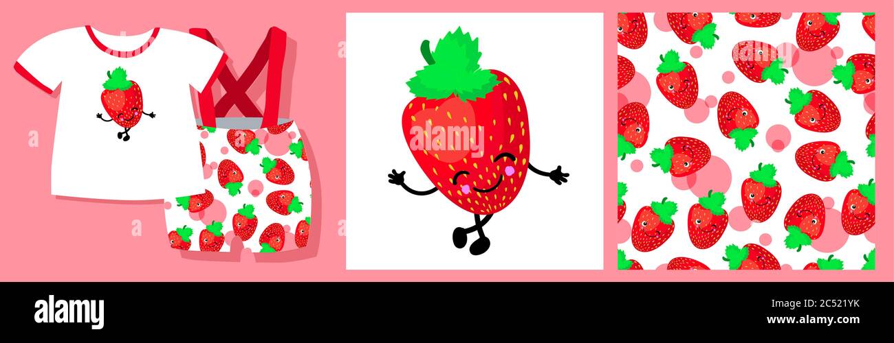 Erdbeermuster. Beeren-Charakter. Set für Textildesign und Verpackungsdesign. Rote Beere Vektorgrafik Stock Vektor