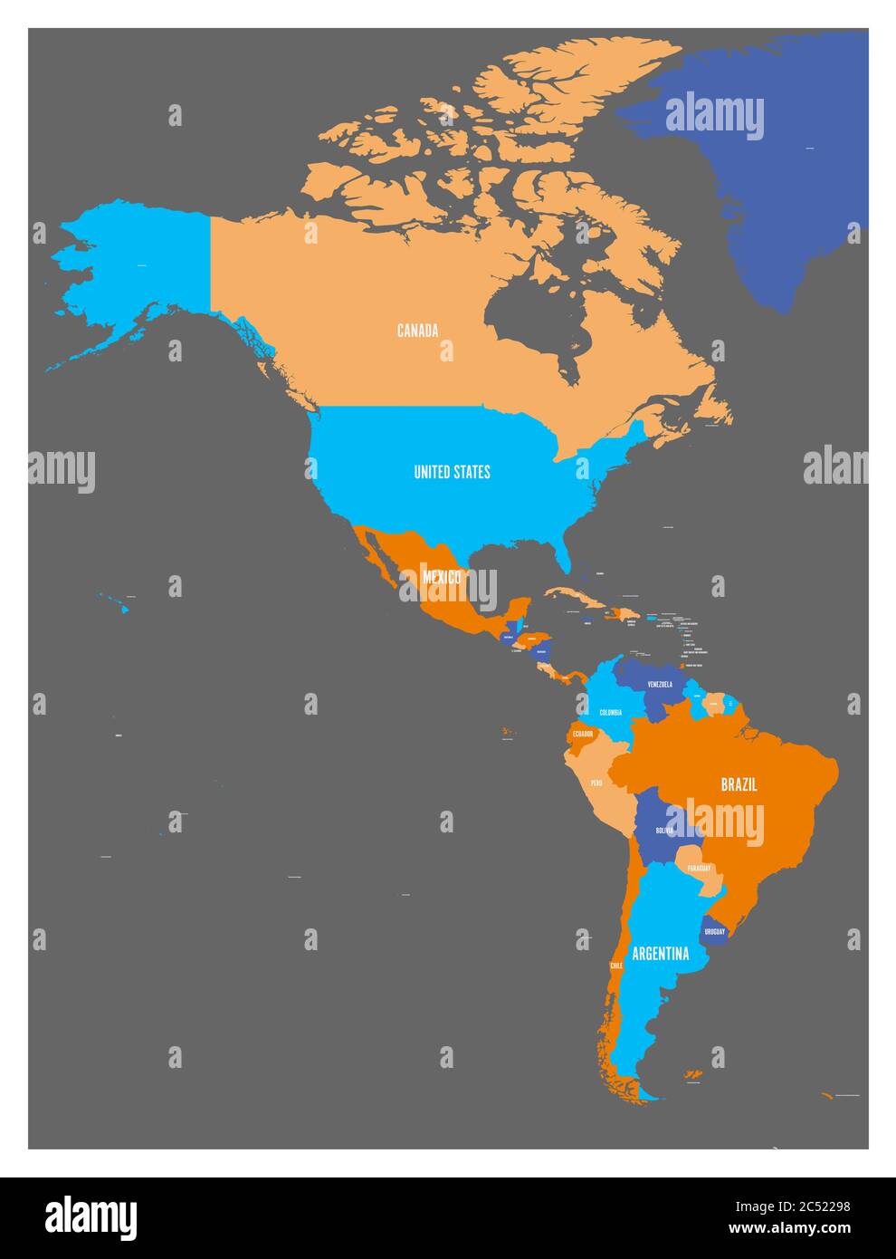 Politische Landkarte von Amerika in Foor Farben auf dunkelgrauem Hintergrund. Nord- und Südamerika mit Länderkennzeichen. Einfache flache Vektordarstellung. Stock Vektor