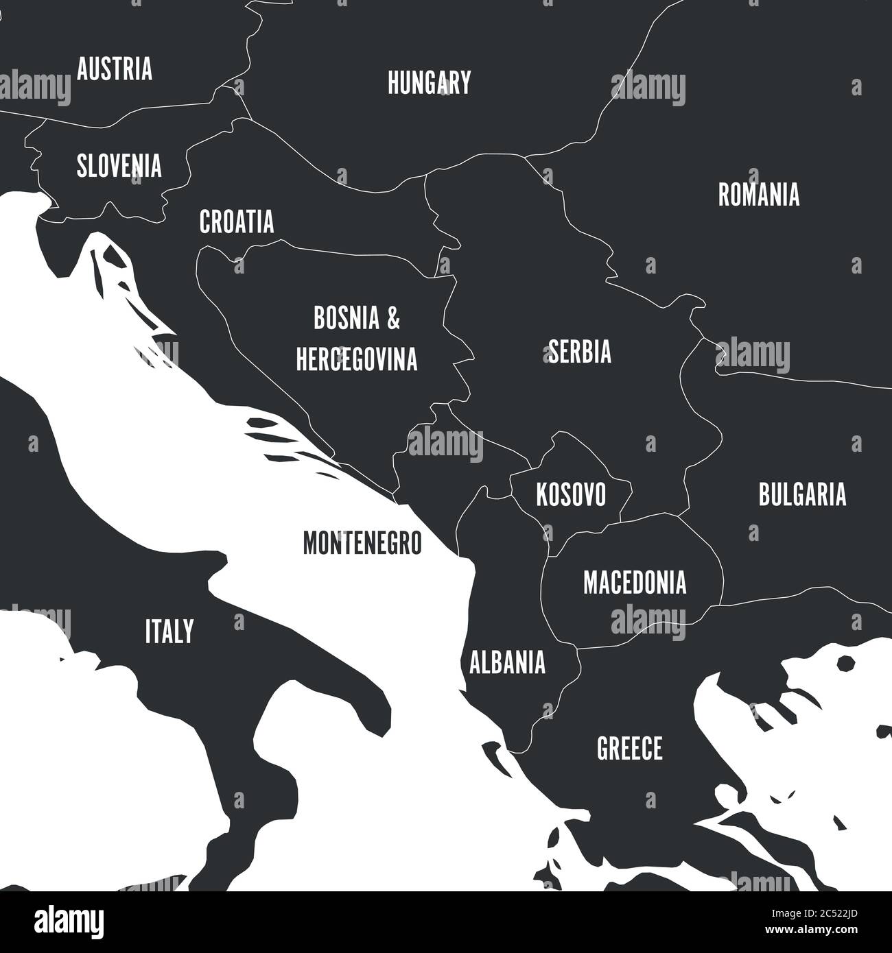 Politische Landkarte des Balkans - Staaten der Balkanhalbinsel in grau. Vektorgrafik. Stock Vektor