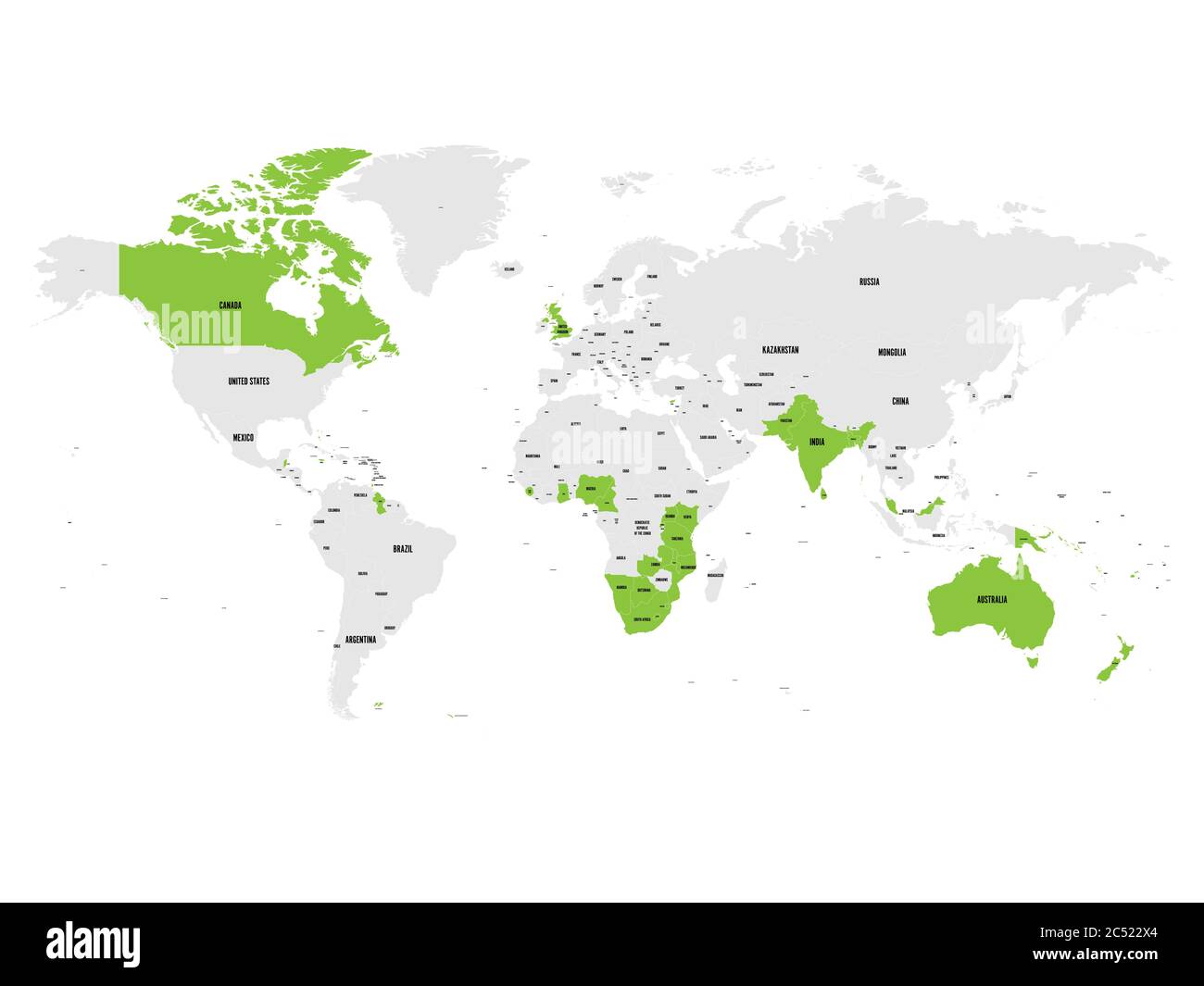 Mitgliedstaaten des britischen Commonwealth grün in der Weltkarte hervorgehoben. Vektorgrafik. Stock Vektor