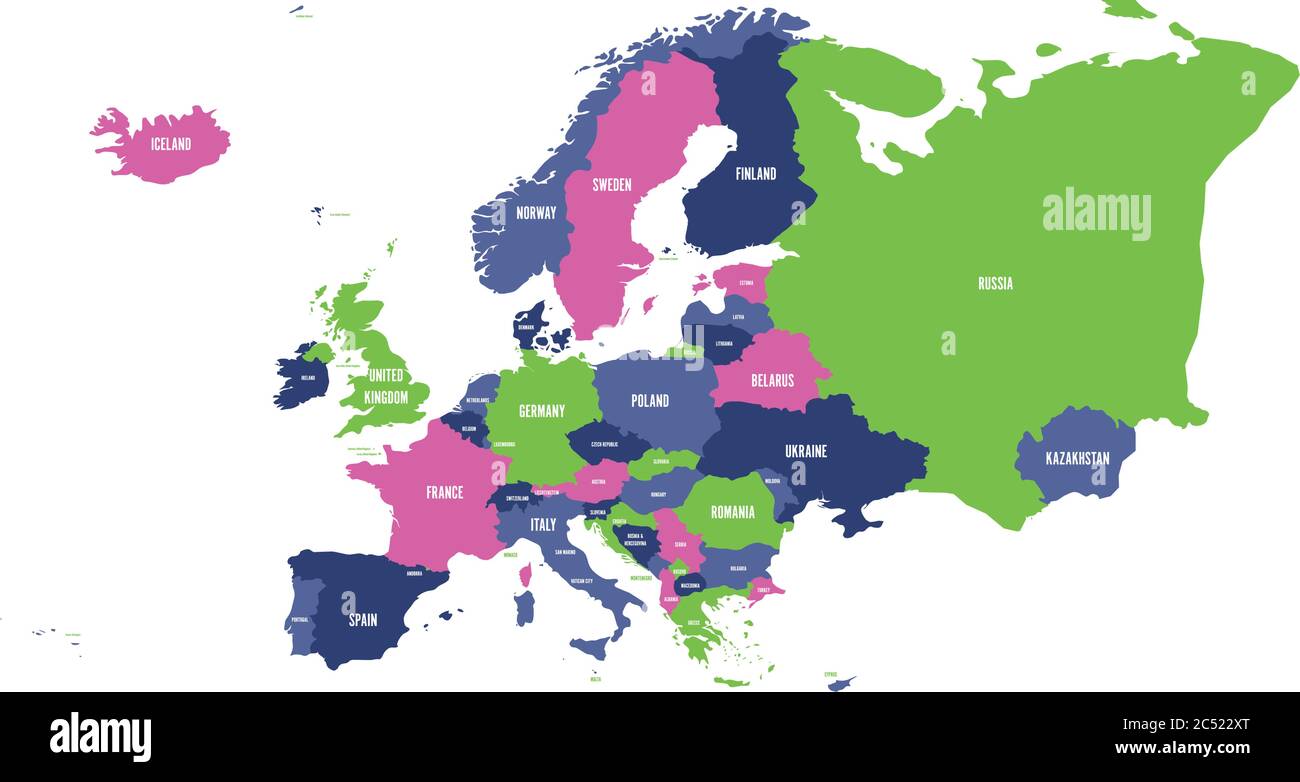 Politische Karte des europäischen Kontinents in vier Farben mit weißen Ländernamen-Etiketten und isoliert auf weißem Hintergrund. Vektorgrafik. Stock Vektor