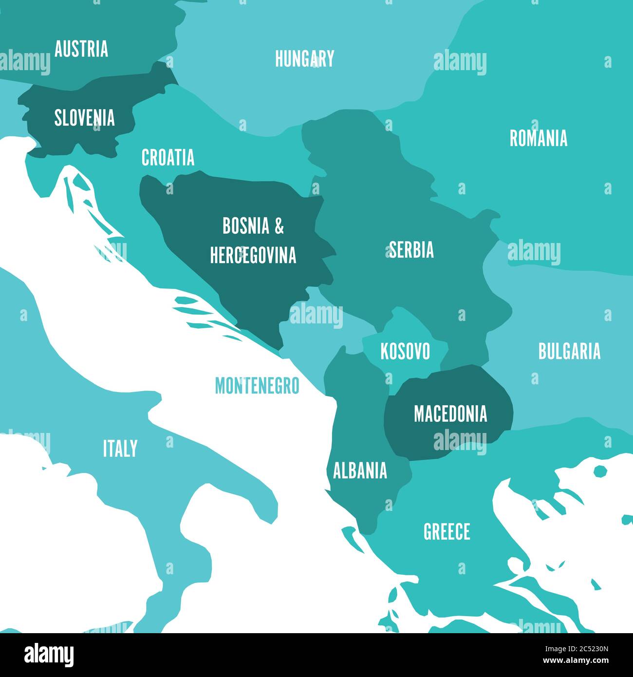Politische Landkarte des Balkans - Staaten der Balkanhalbinsel. Vier Schattierungen von türkisblauen Vektor-Illustration, Stock Vektor