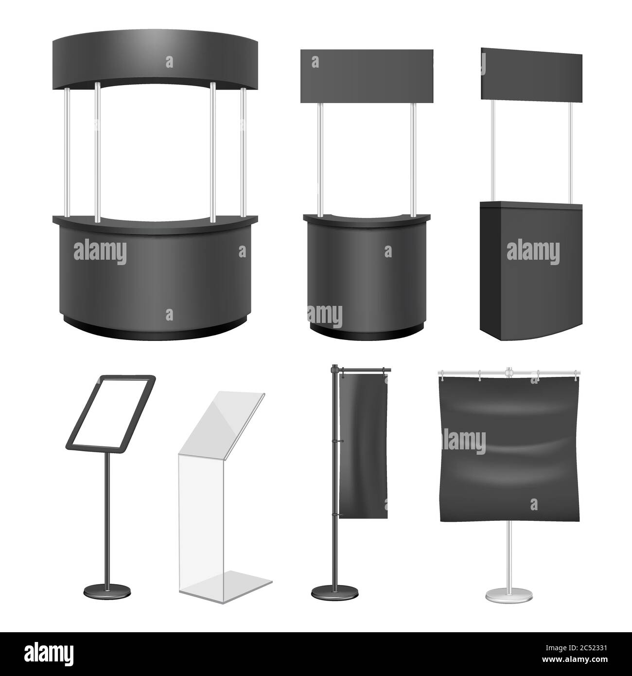 Schwarzer Ausstellungsstand Mockup Set, Vektor isolierte Illustration Stock Vektor