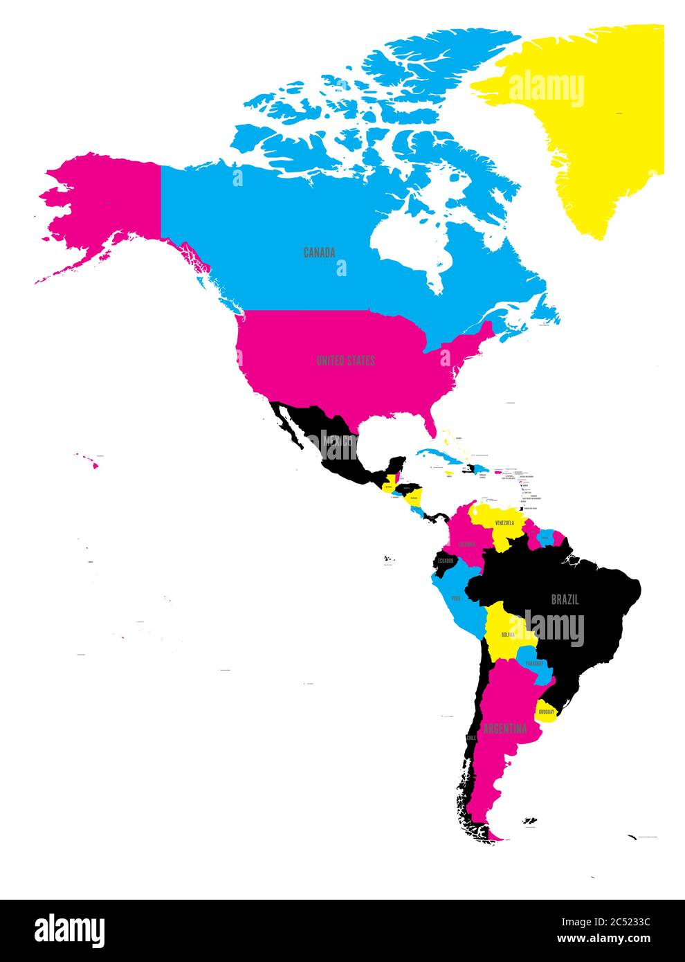 Politische Karte Amerikas in CMYK-Farben auf weißem Hintergrund. Nord- und Südamerika mit Länderkennzeichen. Einfache flache Vektordarstellung. Stock Vektor