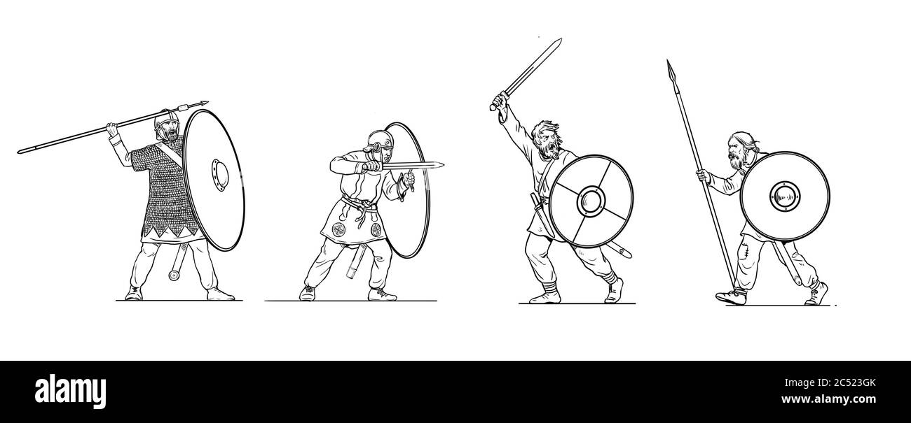 Schlacht zwischen römischen Soldaten und germanischen Kriegern. Umrisszeichnung. Stockfoto