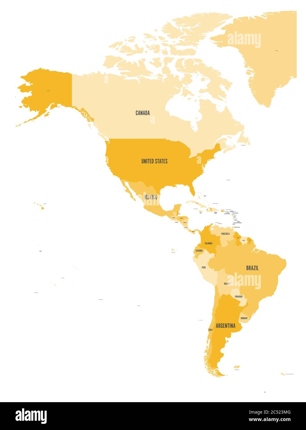 Politische Karte Amerikas in vier Orange-Tönen auf weißem Hintergrund. Nord- und Südamerika mit Länderkennzeichen. Einfache flache Vektordarstellung. Stock Vektor