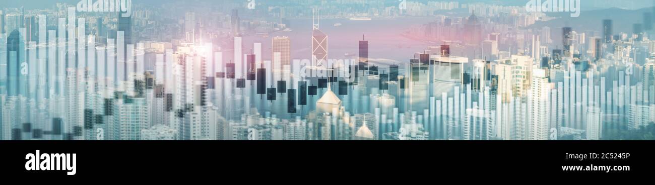 Website-Header und Banner von Hong Kong Stadtbild mit Skyscarapes. Handel und Aktienmärkte. Stockfoto