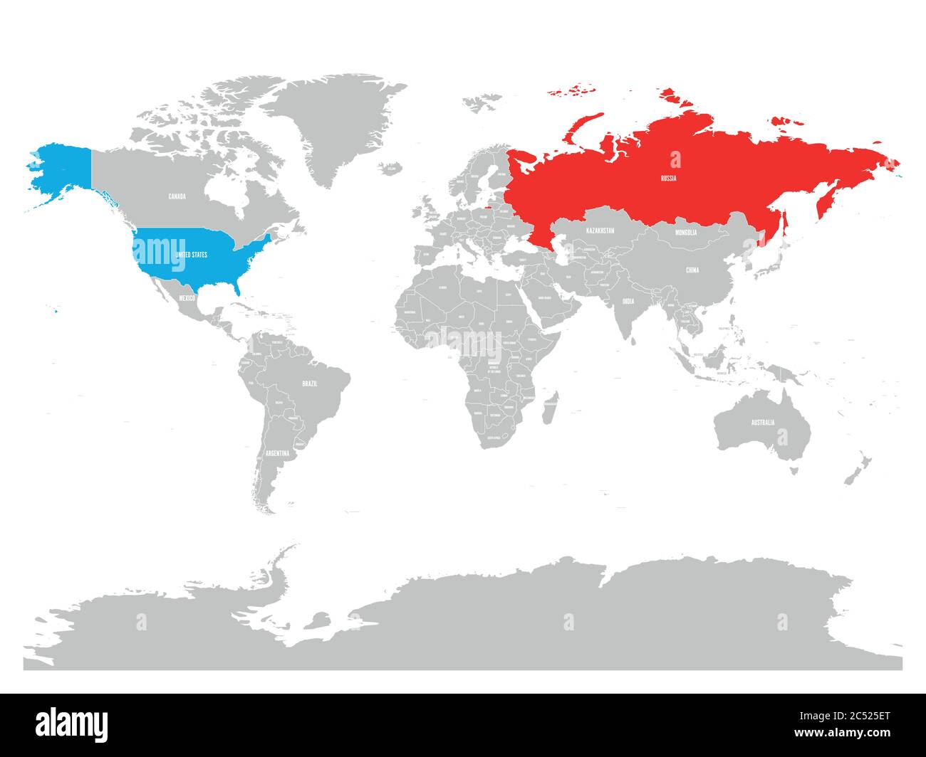 Die Vereinigten Staaten und Russland auf der politischen Karte der Welt hervorgehoben. Vektorgrafik. Stock Vektor