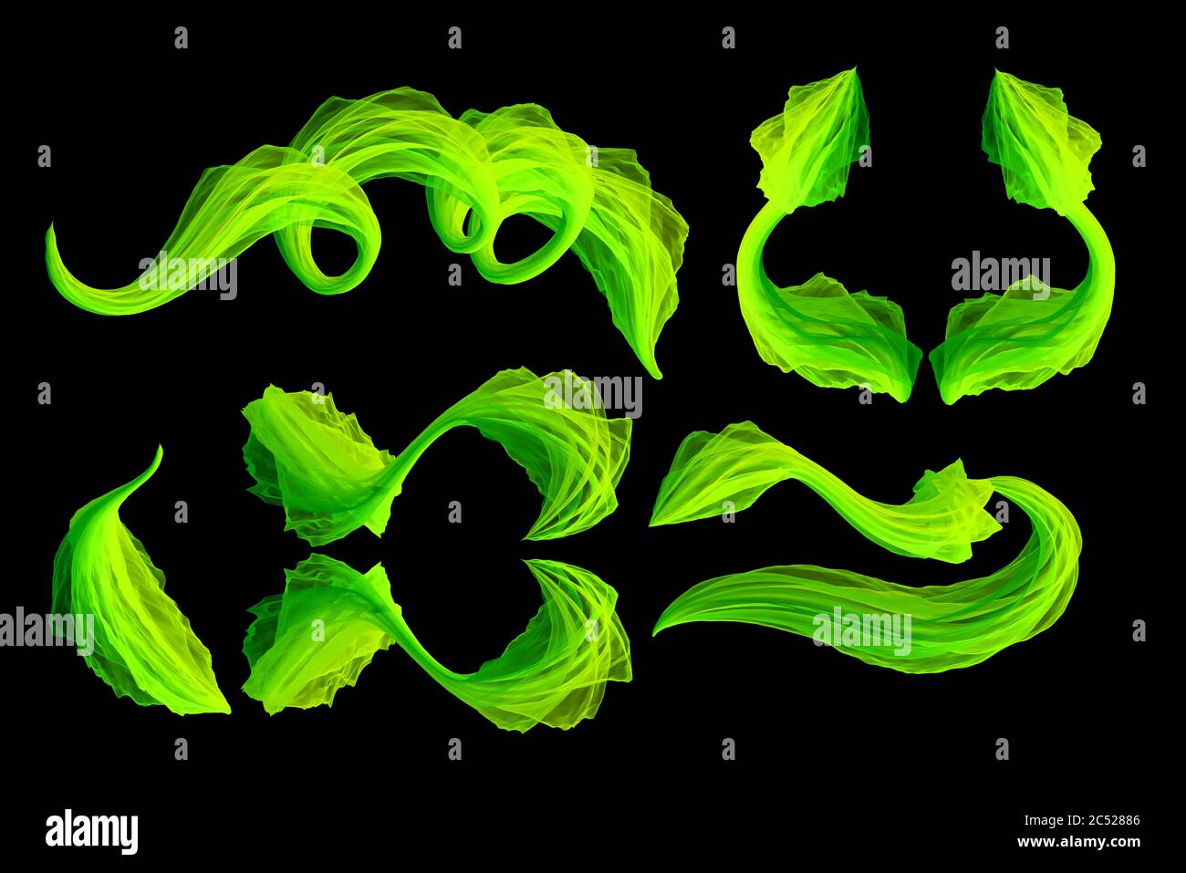 Kollektion Set von abstrakten Elementen für die Rahmendekoration. Florales Design aus stilisierten Blättern isoliert auf schwarzem Hintergrund Stockfoto