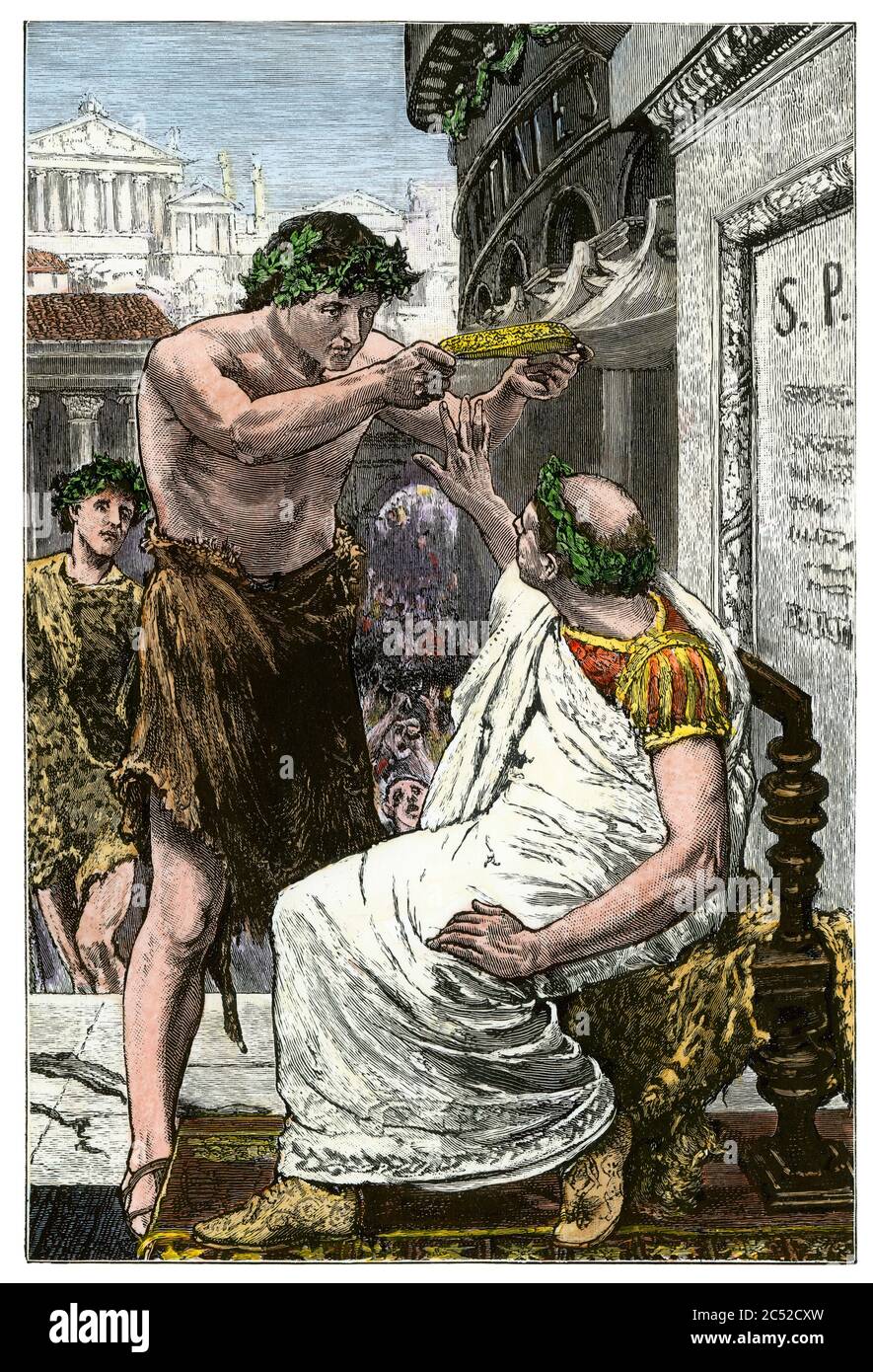 Marc Antony bietet Julius Caesar, altes Rom, Krone an. Handkolorierter Holzschnitt Stockfoto