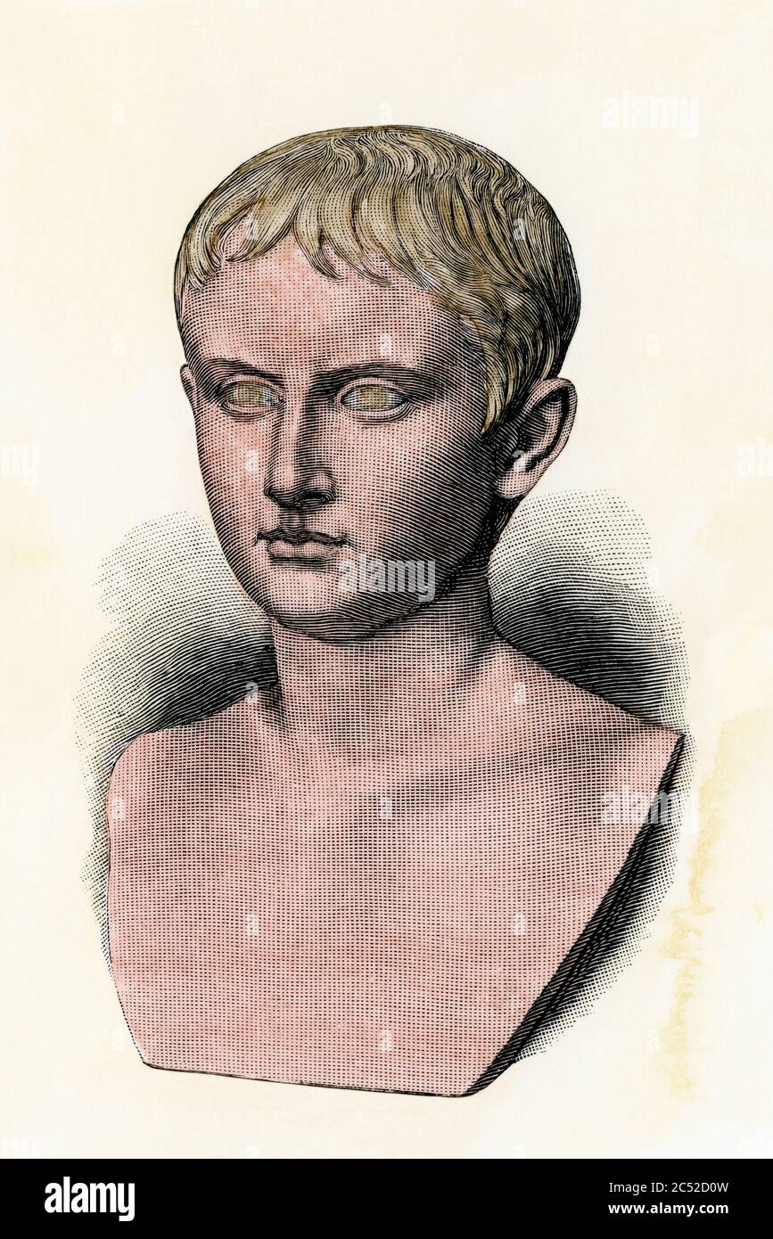 Octavius als Jugendlicher, später bekannt als Augustus Caesar. Handkolorierter Holzschnitt Stockfoto
