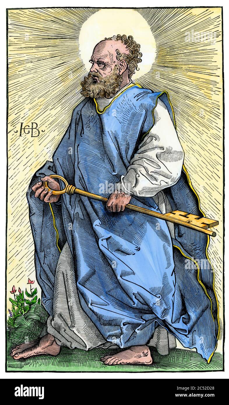 Der heilige Petrus mit dem Schlüssel zum Himmel. Handkolorierter Holzschnitt einer Illustration von Hans Baldung Stockfoto
