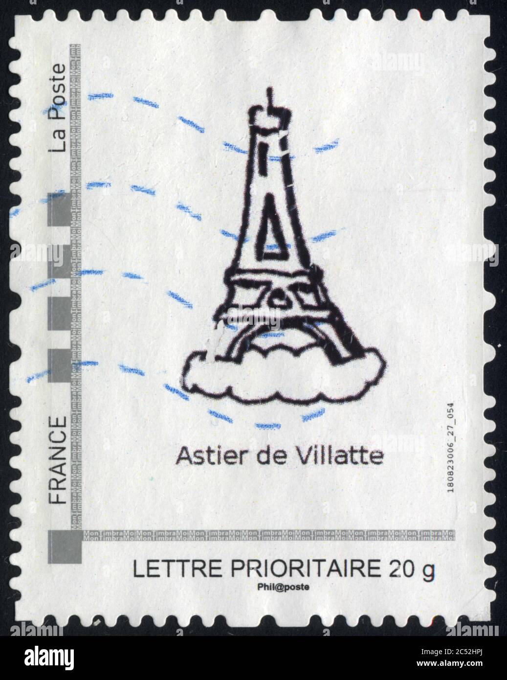 Timbre oblitéré Astier de Villatte. Frankreich. Lettre prioritaire. 20 g. La Poste Stockfoto