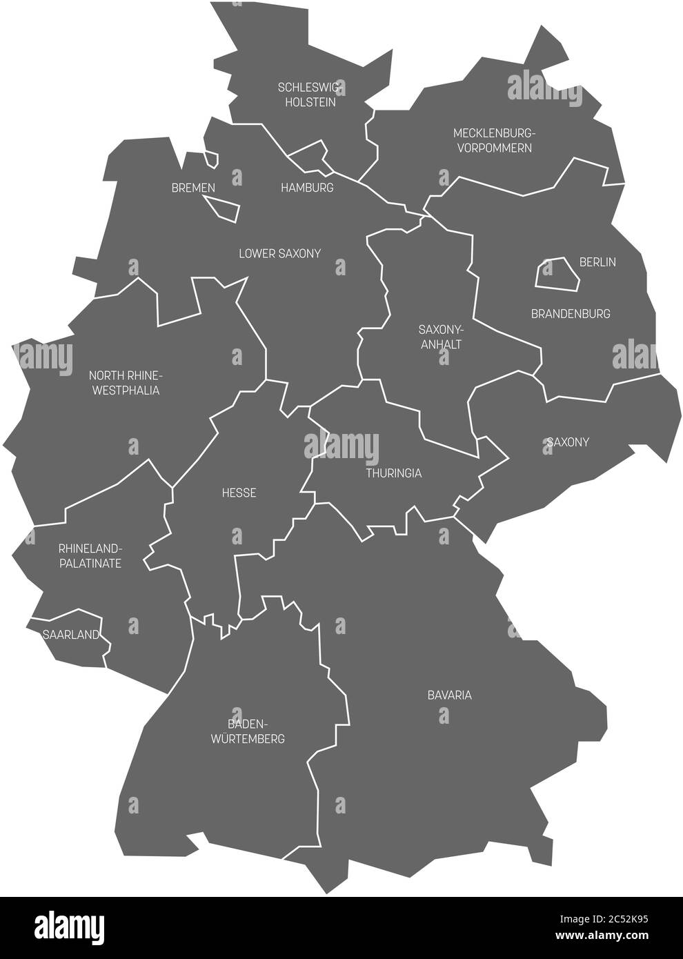 Karte von Deutschland aufgeteilt auf 13 Bundesländer und 3 Stadtstaaten - Berlin, Bremen und Hamburg, Europa. Einfache flache graue Vektorkarte mit weißen Beschriftungen. Stock Vektor