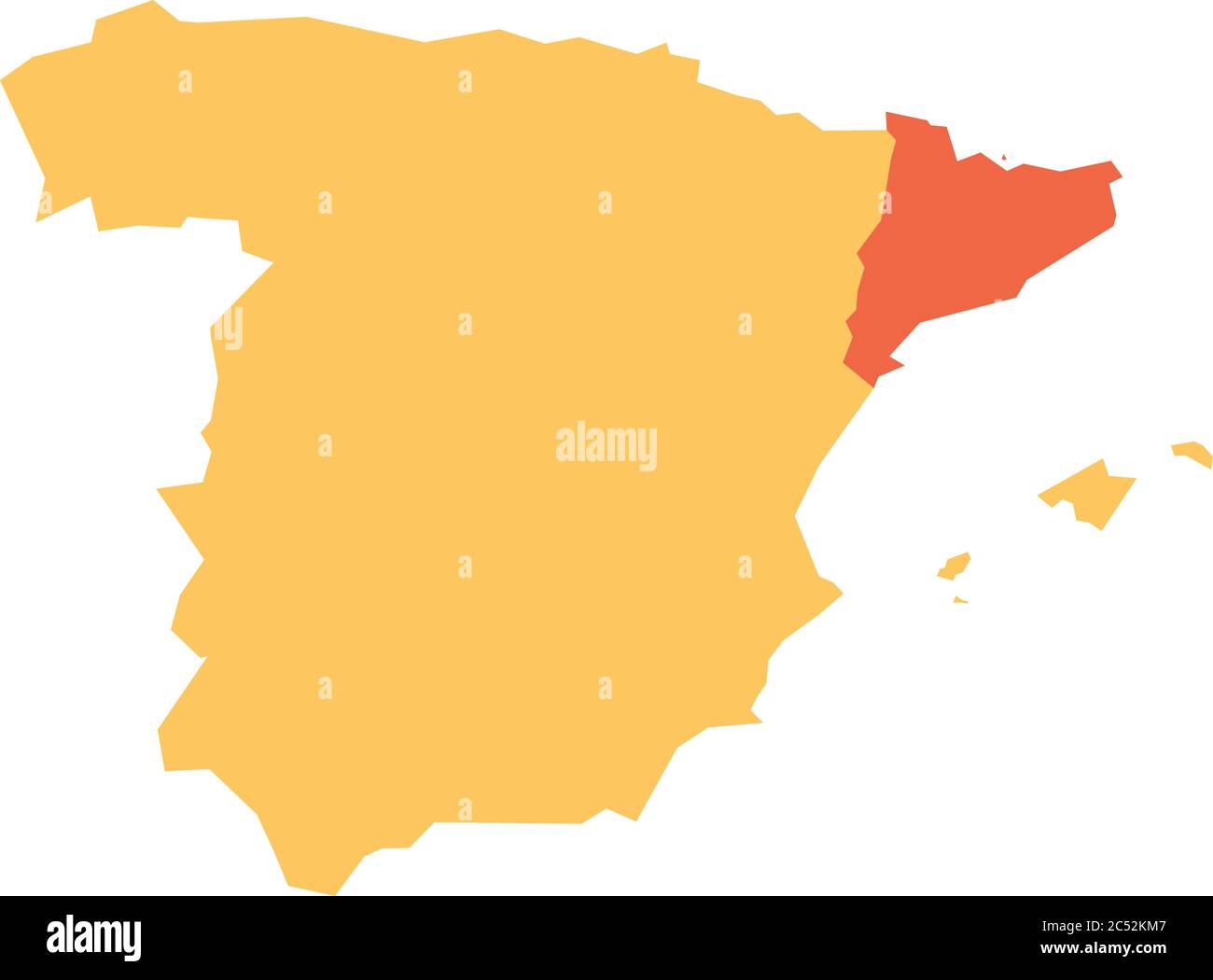 Gelbe Silhouette Karte von Spanien mit rot hervorgehobenen Katalonien Region. Einfache flache Vektordarstellung. Stock Vektor