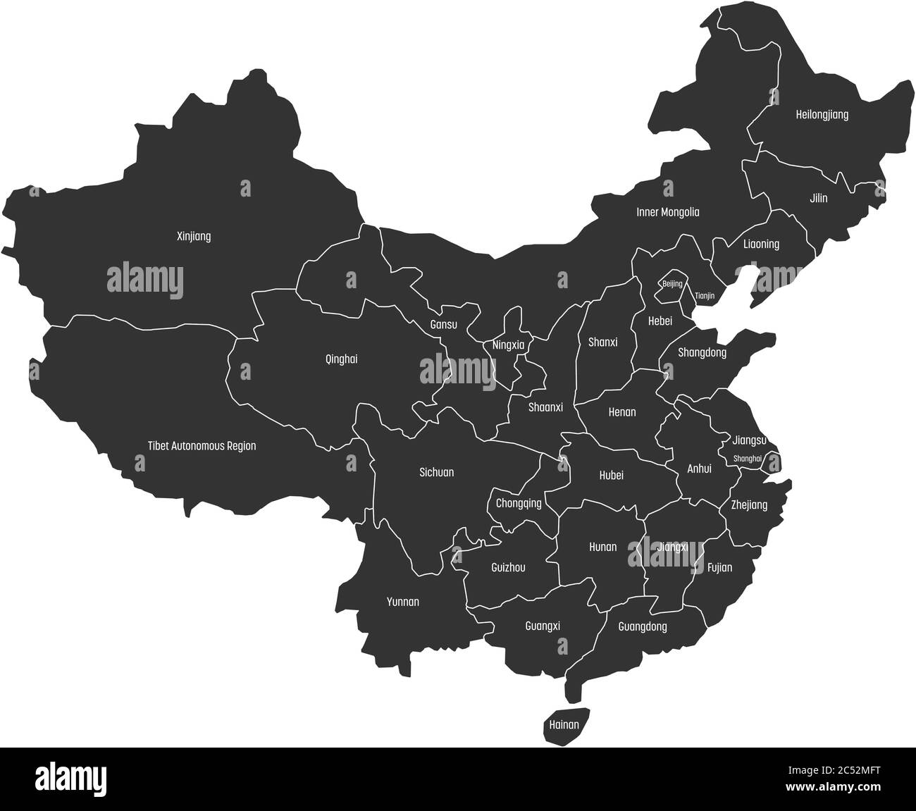 Regionale Karte der Verwaltungsprovinzen von China. Graue Karte mit weißen Etiketten auf weißem Hintergrund. Vektorgrafik. Stock Vektor