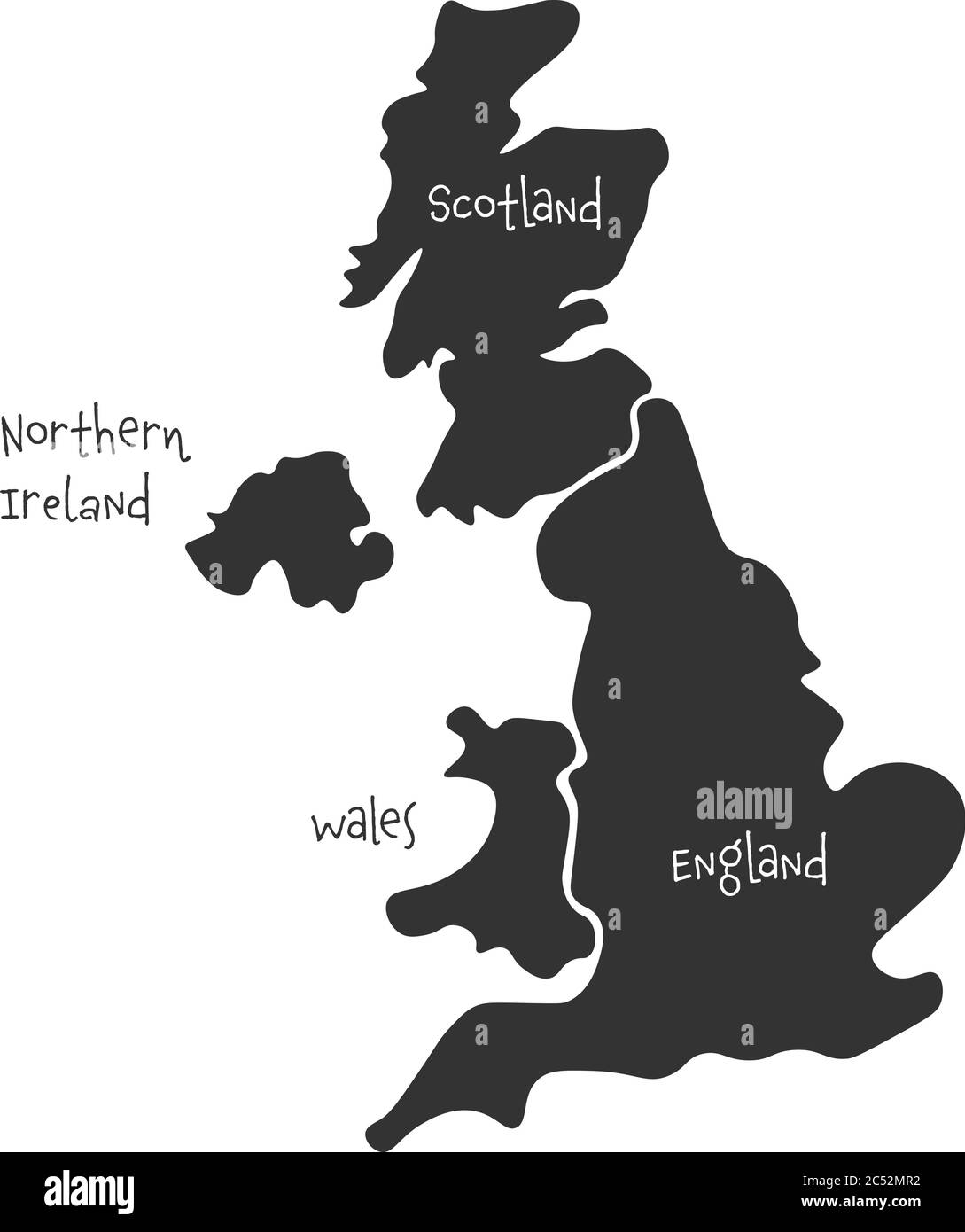 Großbritannien, auch bekannt als Großbritannien, von Großbritannien und Nordirland handgezeichnete leere Karte. Aufgeteilt in vier Länder - England, Wales, Schottland und NI. Einfache flache Vektorgrafik. Stock Vektor