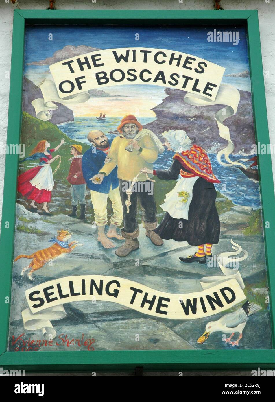 Bild außerhalb des Boscastle Hexenmuseum von Hexen, die den Wind an einen Fischer verkaufen. Stockfoto