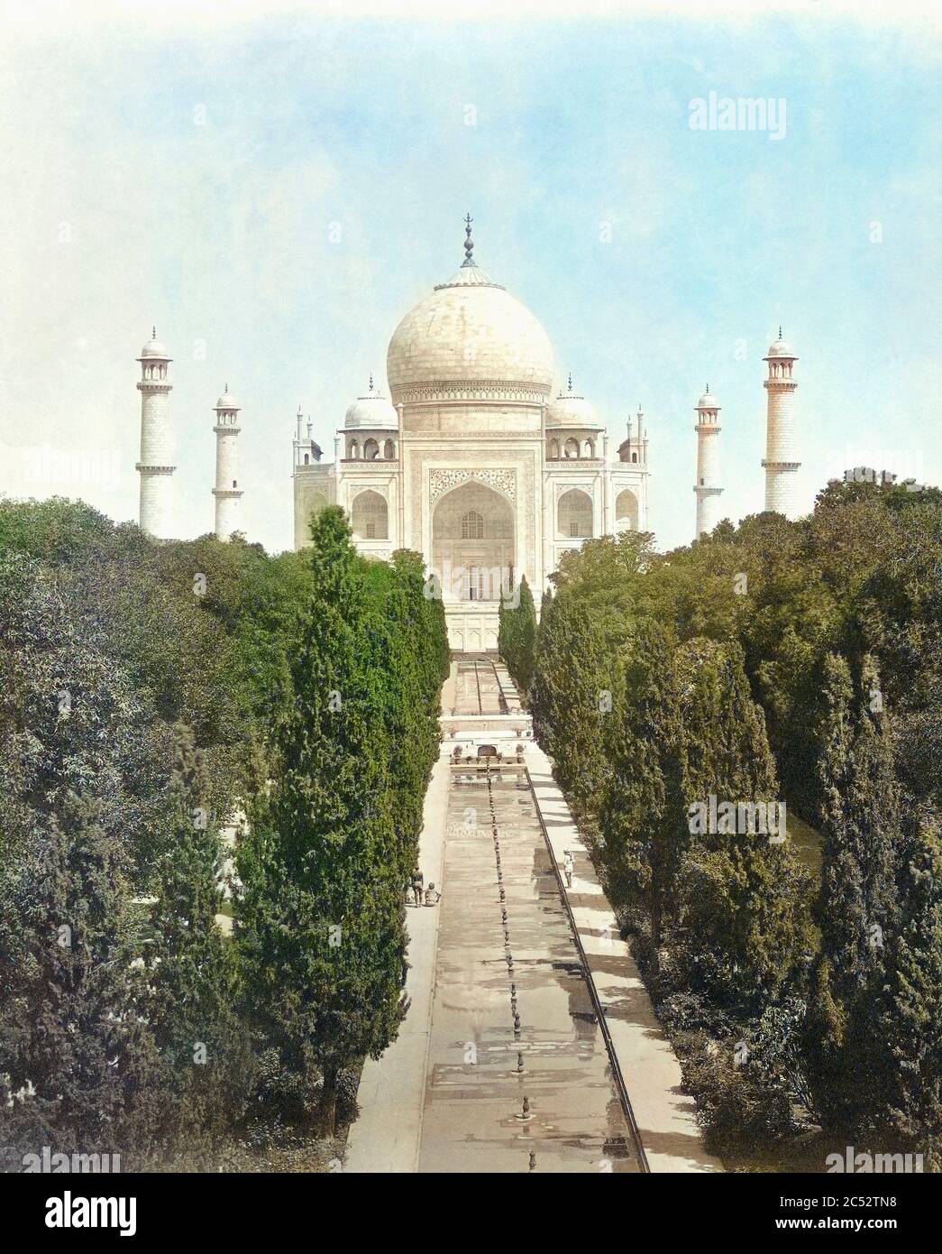 Das Taj Mahal, Agra, Uttar Pradesh, Indien in der Mitte des 19. Jahrhunderts. Detail einer Fotografie des englischen Fotografen Samuel Bourne, 1834 - 1912. Spätere Farbgebung. Stockfoto