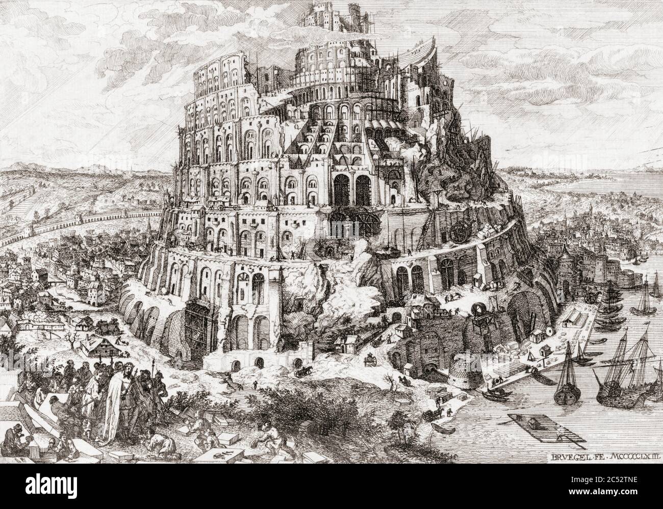 Der Turm von Babel. Aus einer Radierung von Anton Joseph von Prenner, nach einem Werk von Pieter Bruegel dem Älteren. Stockfoto