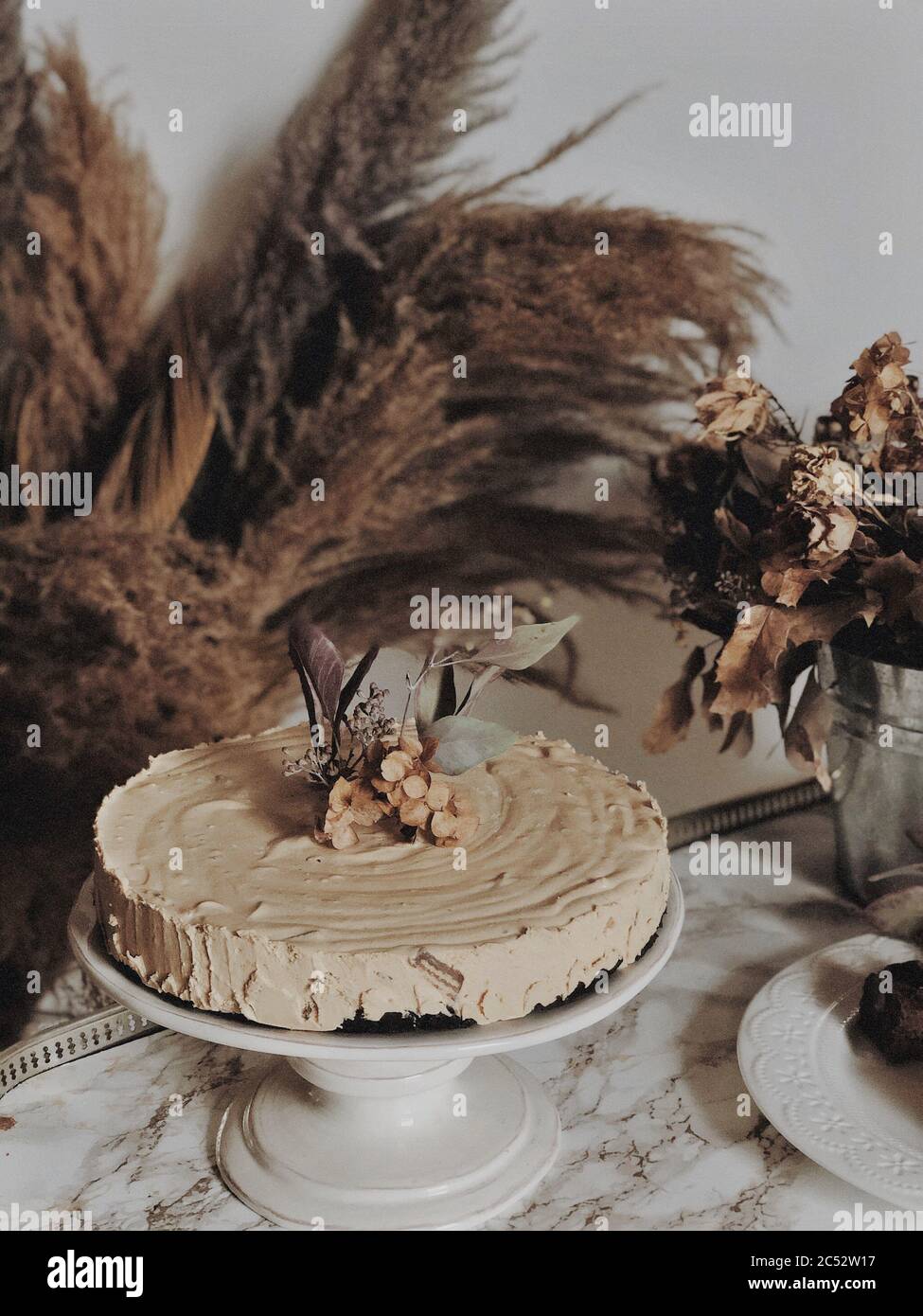 Schokoladenkuchen mit Kaffee Buttercreme-Vereisung dekoriert Stockfoto
