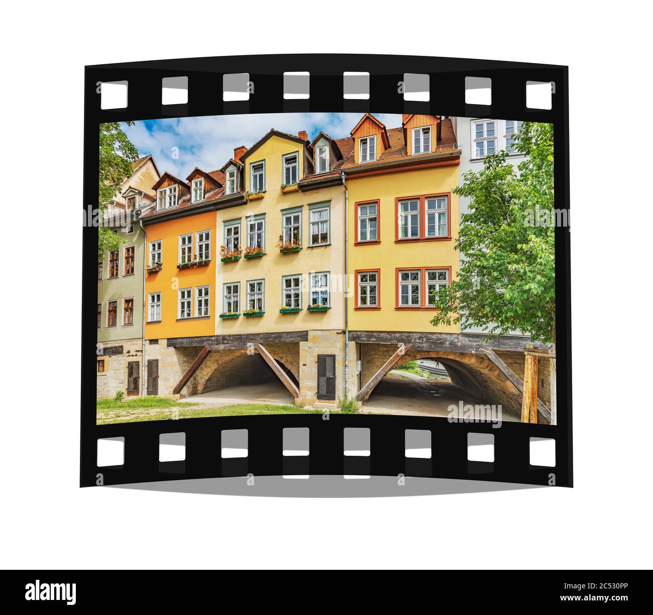 Blick von Süden auf die Fachwerkhäuser der Kraemerbrücke, Erfurt, Landeshauptstadt Thüringens, Deutschland, Europa Stockfoto