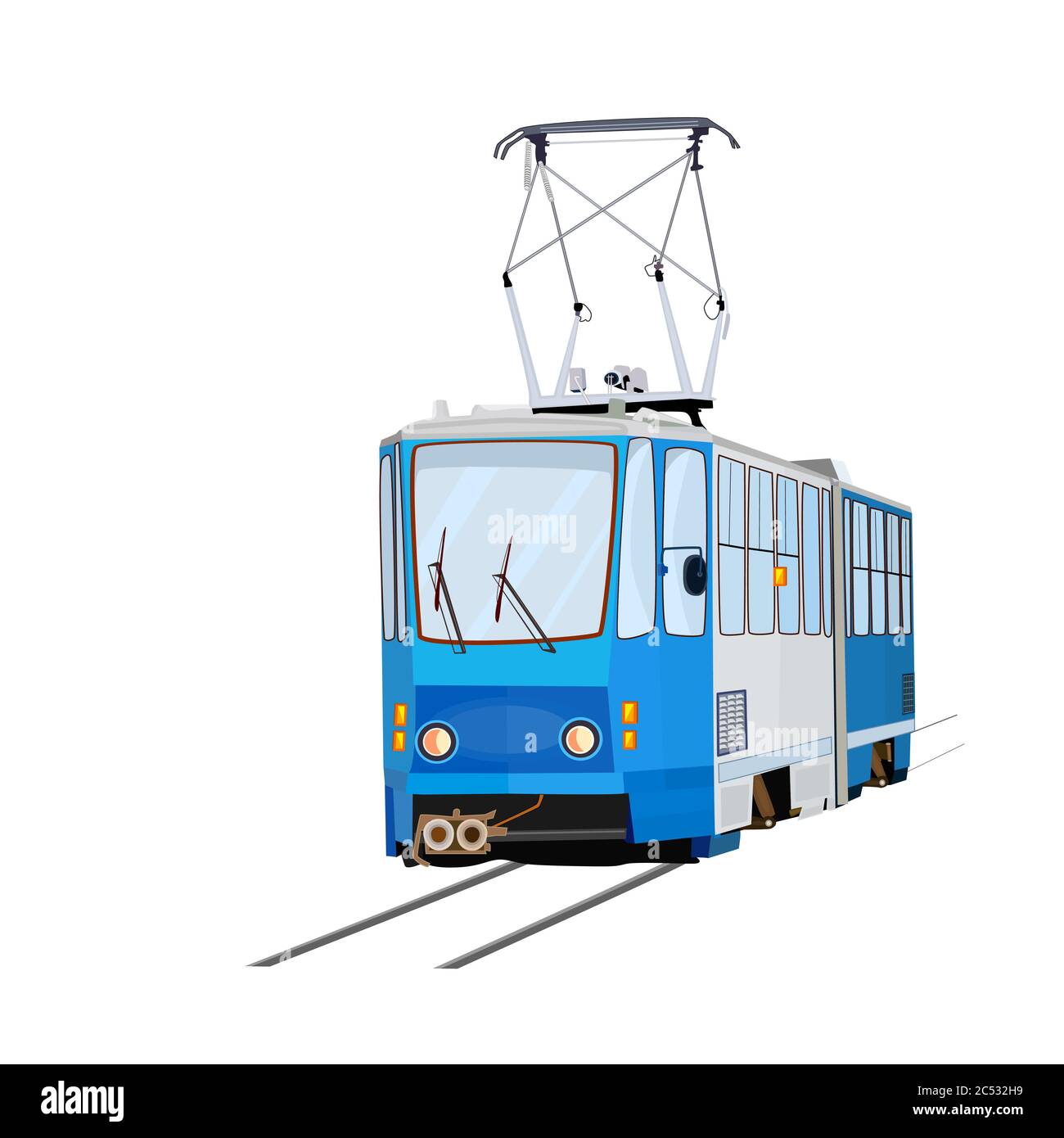 Tram isoliert auf weißem Hintergrund. Blau-Trolley. Karikatur öffentlichen Verkehrsmitteln. Passagiere, Personenbeförderung. Vektorgrafik für Aktien Stock Vektor
