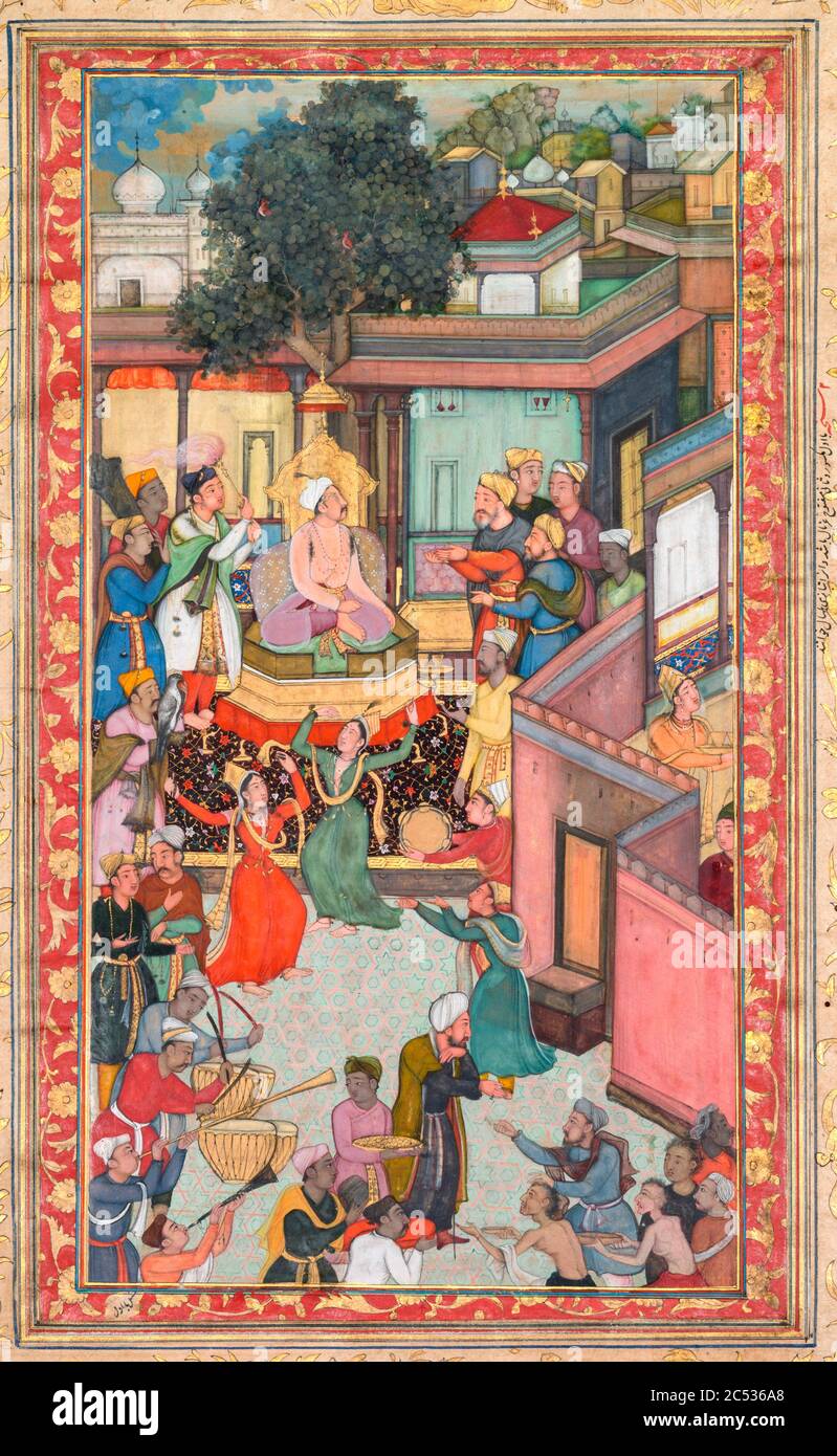 Beschneidungszeremonie für Akbars Söhne, Gemälde 126 aus einem Akbar-Nama (Buch von Akbar) von Abu’l Fazl von Dharam das, um 1602-3, indische und südostasiatische Kunst Stockfoto