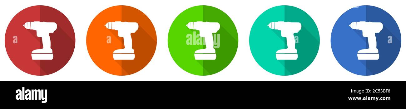 Akkuschrauber, Bohrer-Icon-Set, rote, blaue, grüne und orange flache Design  Web-Tasten isoliert auf weißem Hintergrund, Vektor-Illustration  Stock-Vektorgrafik - Alamy