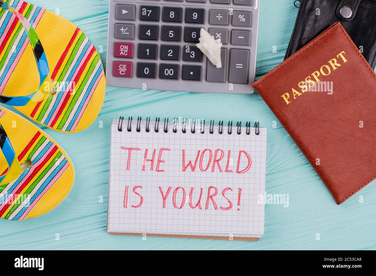 Reise Accessoires Kostüme Konzept für Urlaubsreise. Stockfoto