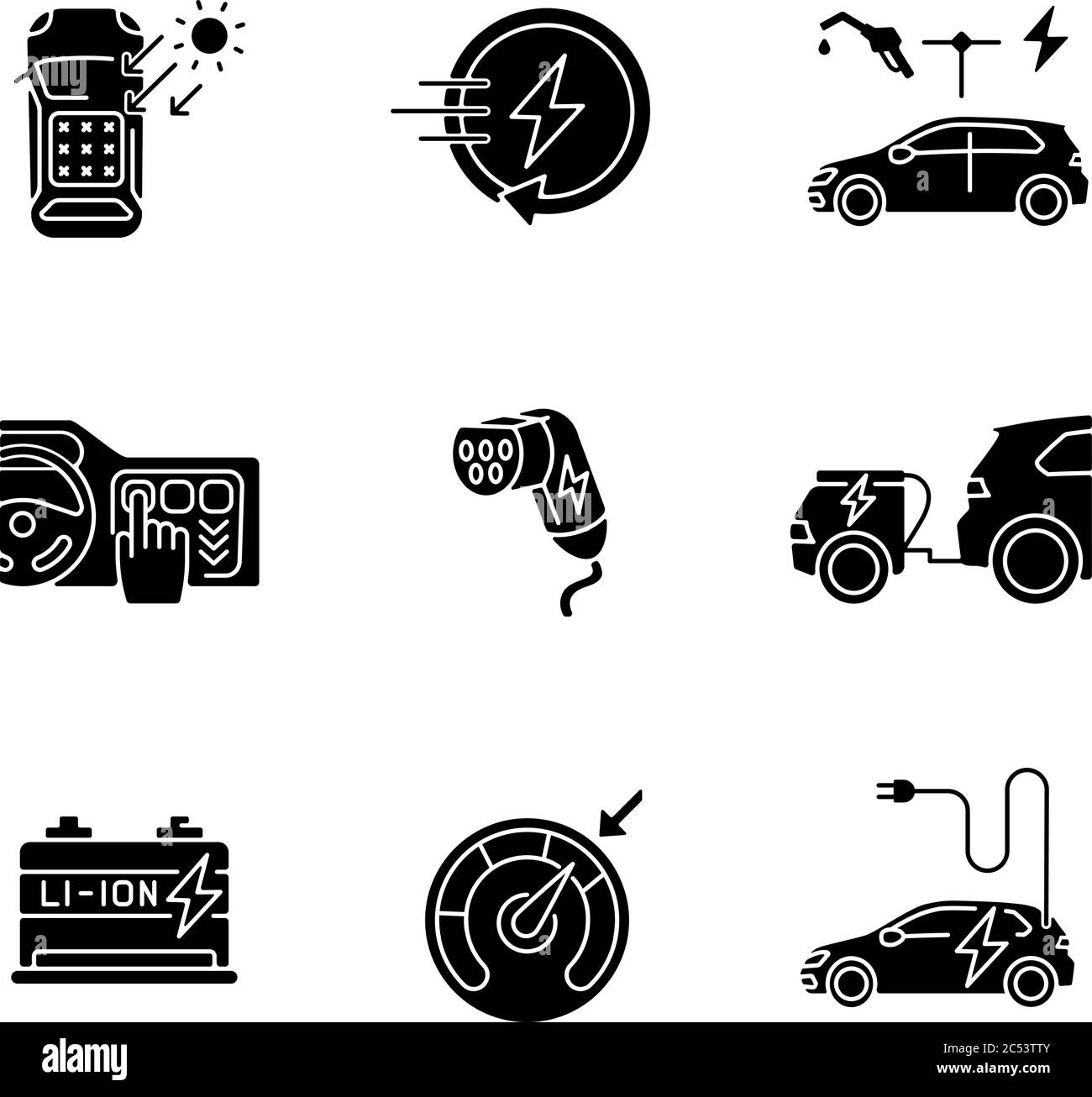 Schwarze Glyphen-Symbole für Elektrofahrzeuge auf weißem Raum Stock Vektor