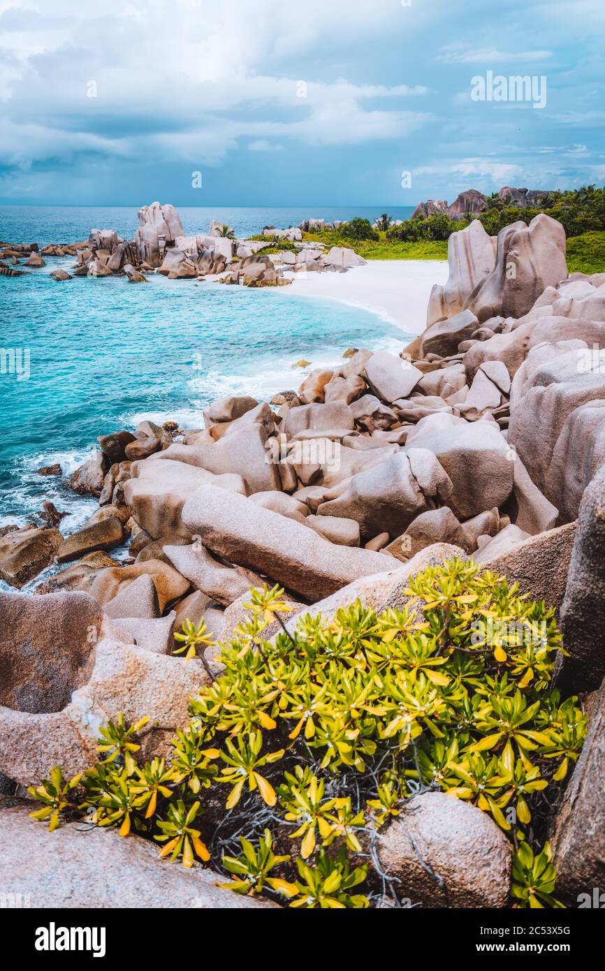 La Digue Inselküste, Seychellen. Versteckter, abgeschiedener, wunderschöner Strand im Dschungel. Stockfoto