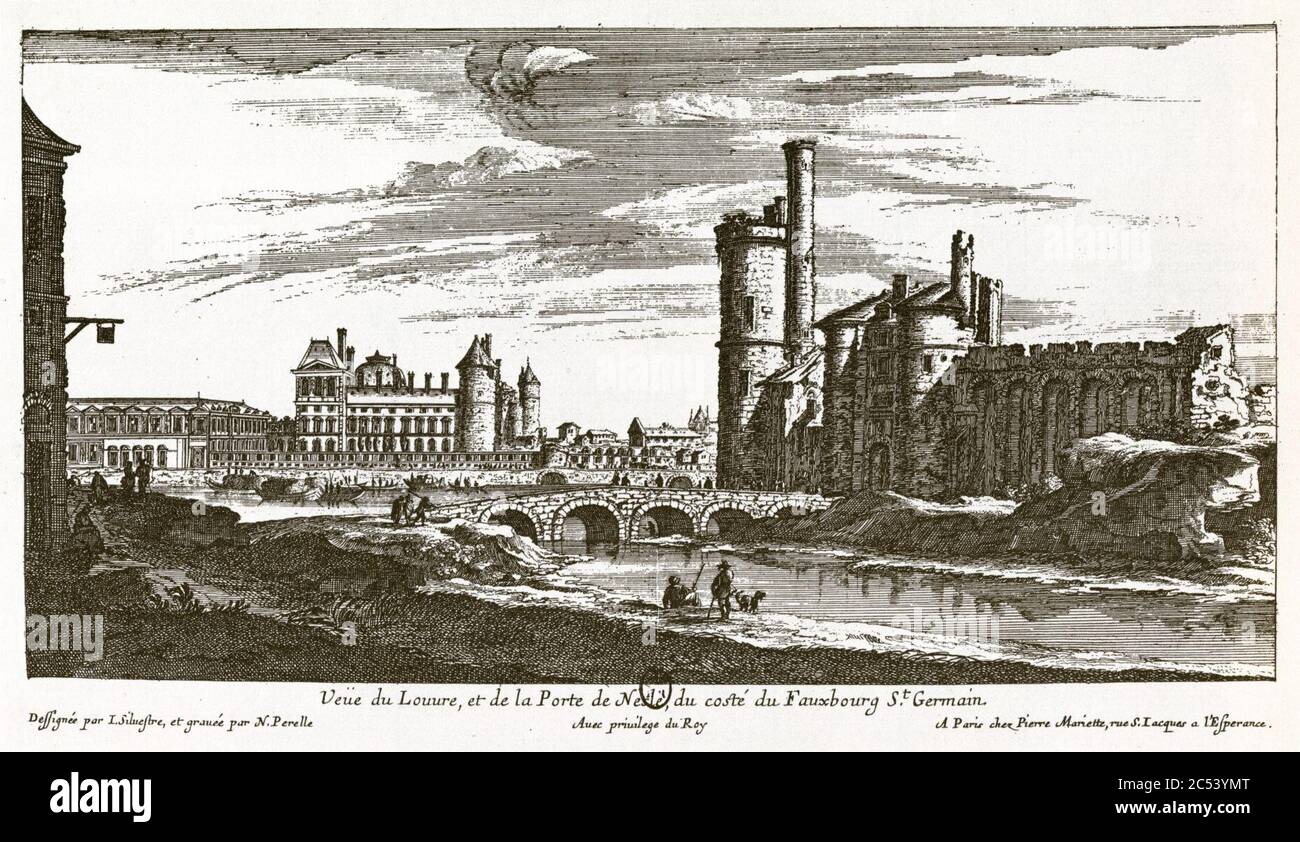 Israël Silvestre, Vues de Paris 129 Veuë du Louvre, et de la Porte de Nesle, du costé du Fauxbourg St. Germain. Stockfoto