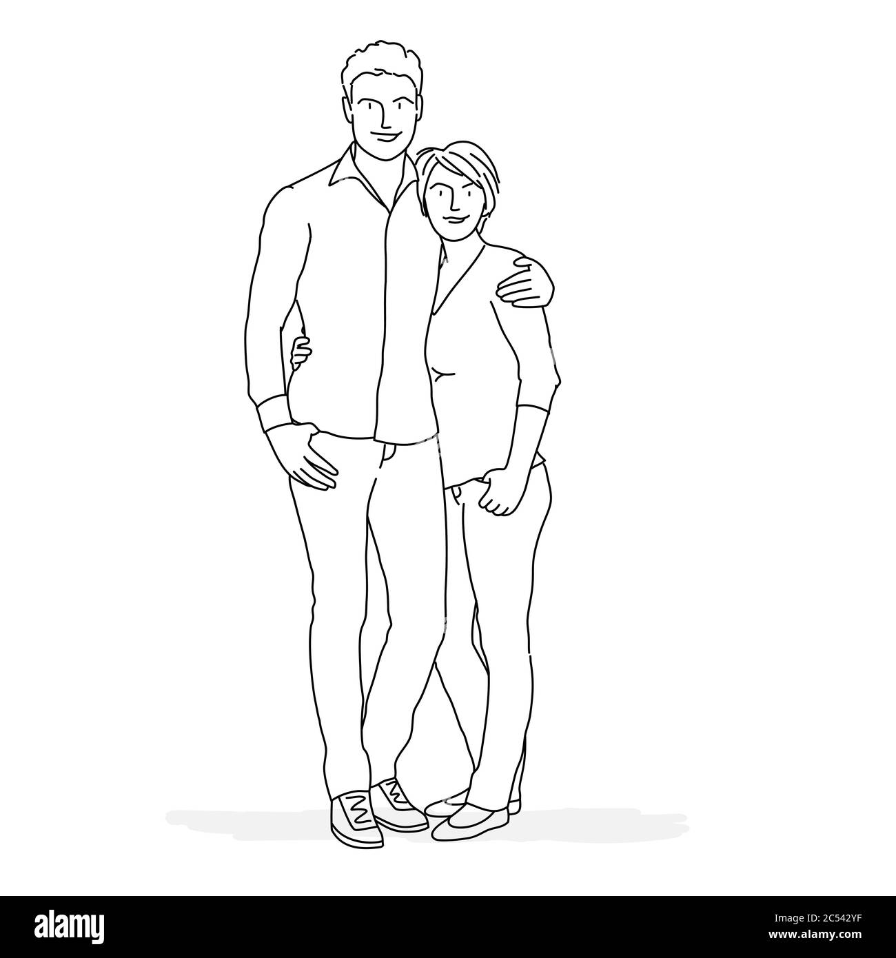 Linienzeichnung der Vektor-Illustration des glücklichen Paares stehen umarmt einander. Stock Vektor