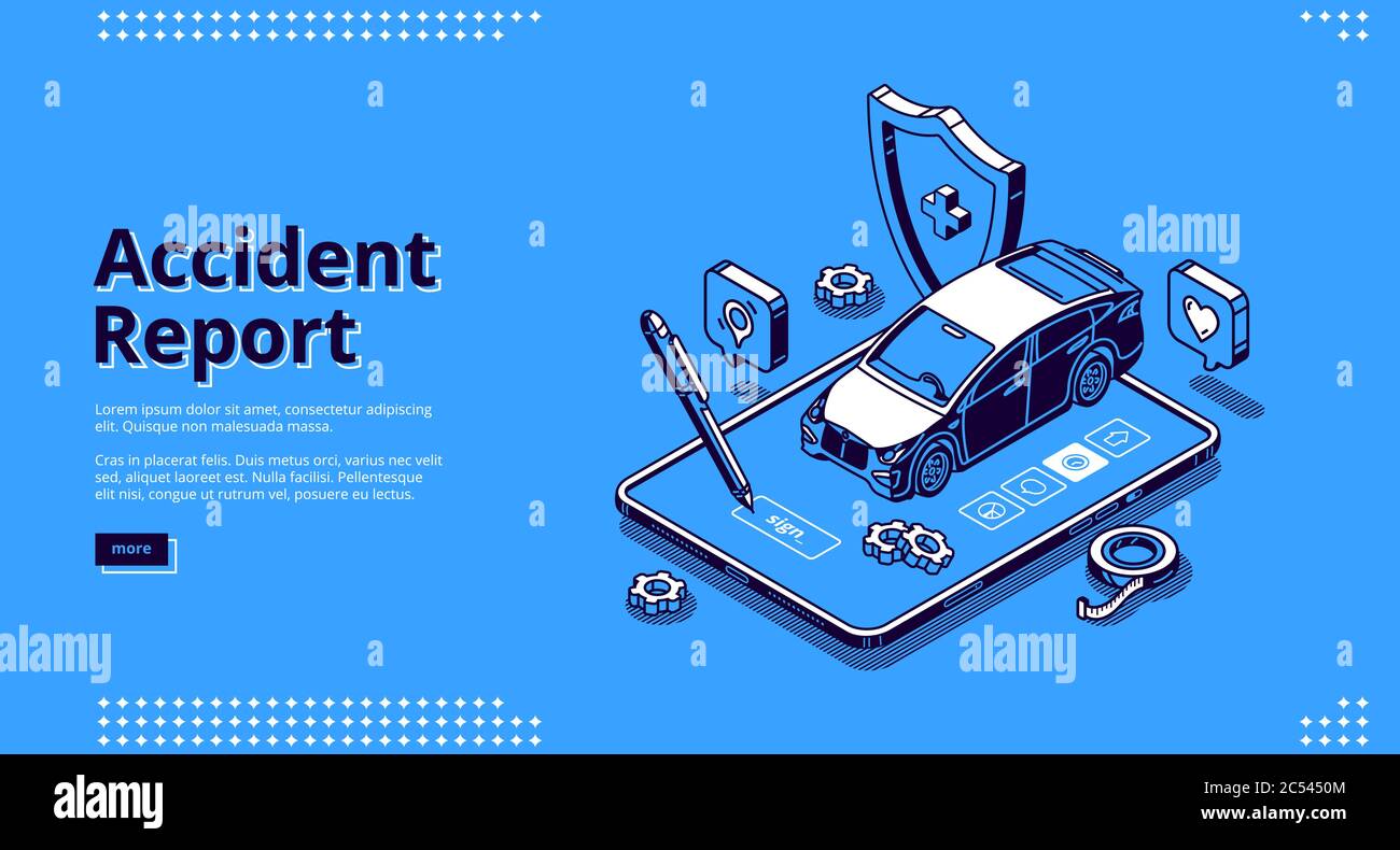 Banner Unfallmeldung. Online-Service für die Registrierung Auto Crush und Schäden. Vektor Landing Page der Polizei Bericht von Fahrzeugunfall mit isometrischer Abbildung von Smartphone, Auto und Schild Stock Vektor