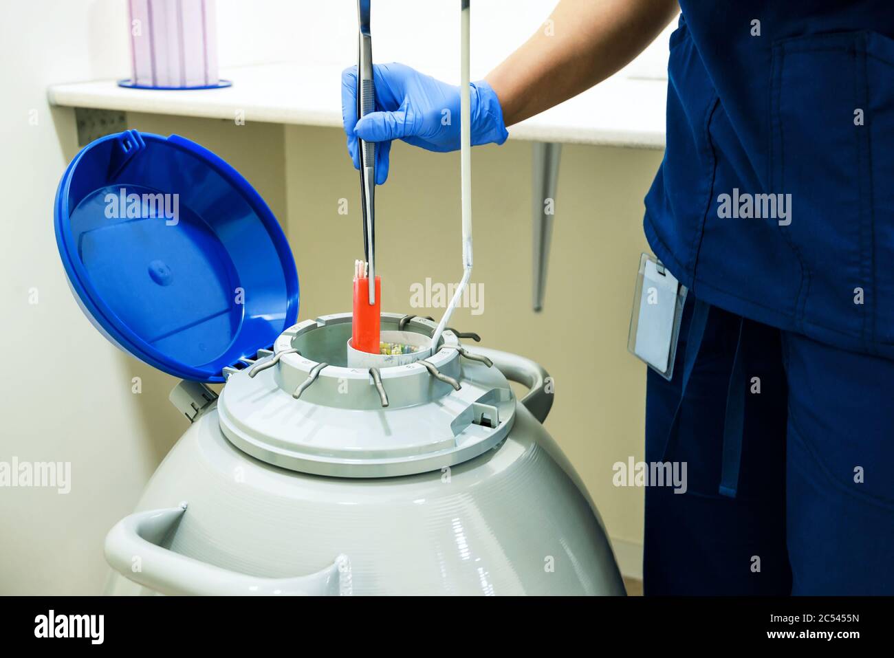 Сryosample aus der Flüssigstickstoff-Kryolagerung im Labor entnommen Stockfoto