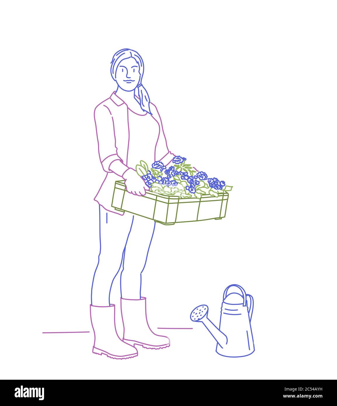 Gärtnerin mit einer Schachtel Blumen und Gießkanne. Vektordarstellung für die farbige Linienzeichnung. Stock Vektor