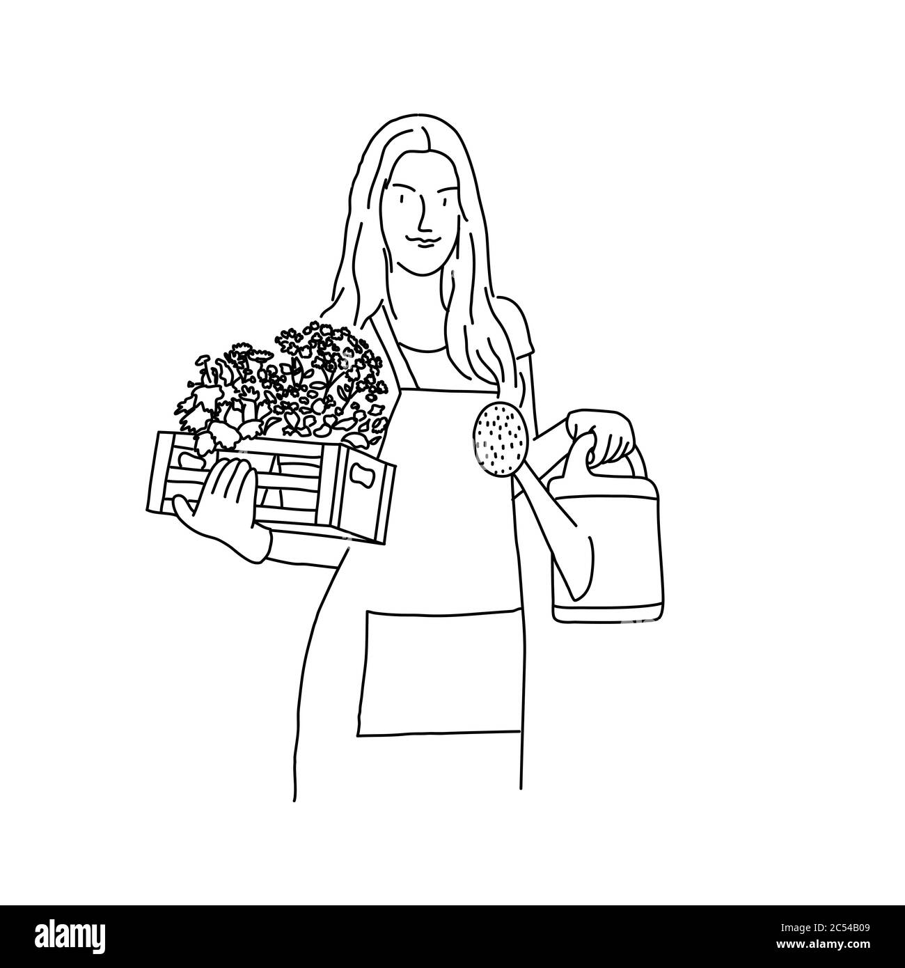 Linienzeichnung der Gärtnerin mit einer Schachtel Blumen und Gießkanne. Gartenbau oder Pflanzkonzept. Vektorgrafik. Stock Vektor