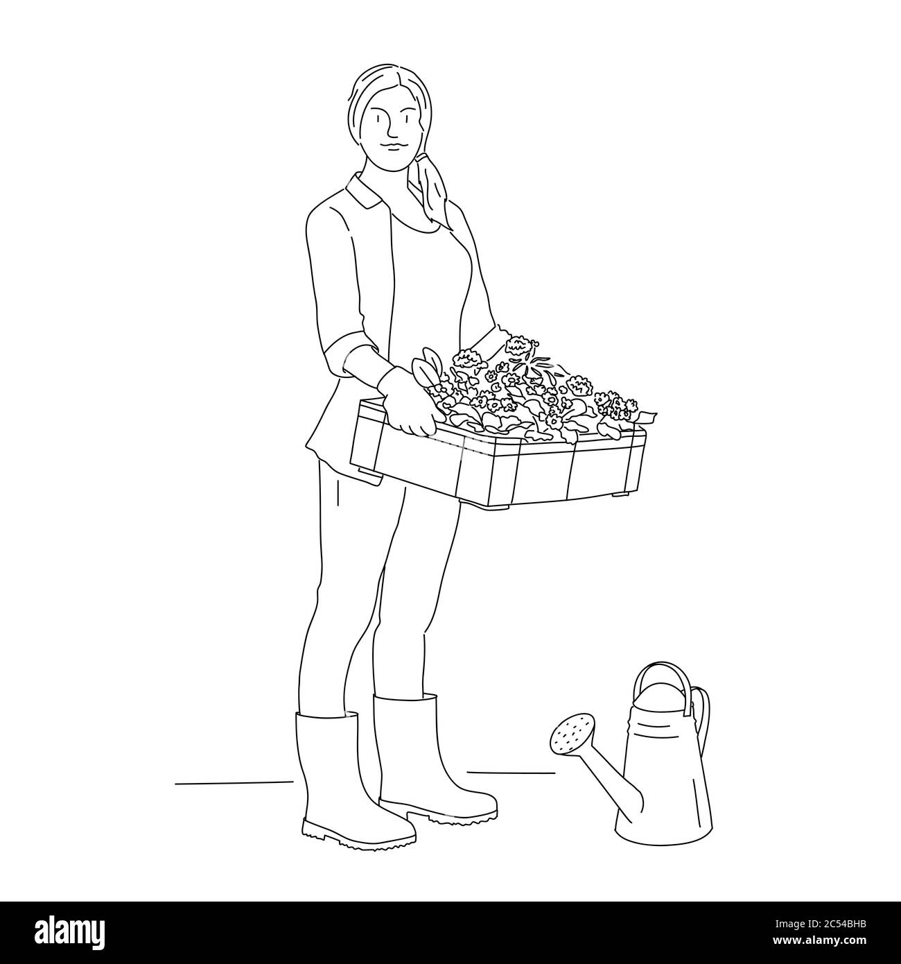 Linienzeichnung der Gärtnerin mit einer Schachtel Blumen und Gießkanne. Vektorgrafik. Stock Vektor