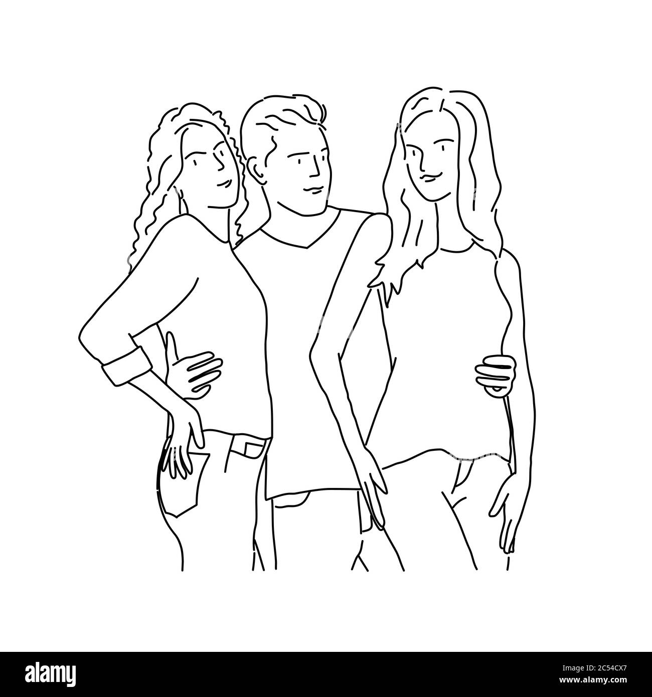 Linienzeichnung des Mannes umarmt zwei Mädchen. Vektorgrafik. Stock Vektor