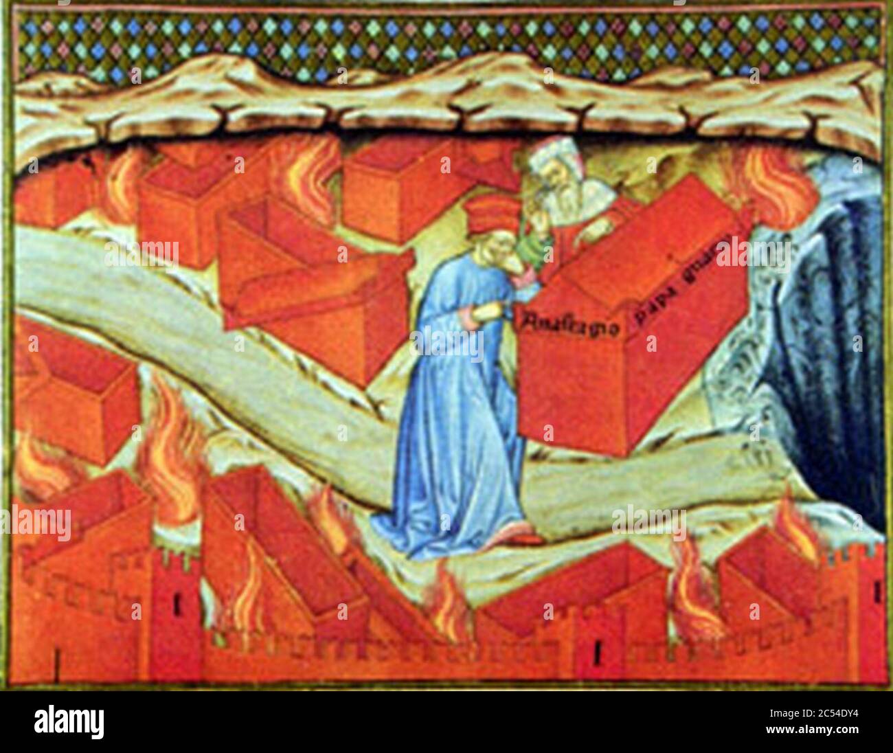 Inf. 10 Scuola lombarda Dante e Virgilio davanti alle tombe infuocate degli Eresiarchi Inferno Canto X sek. XIV Stockfoto