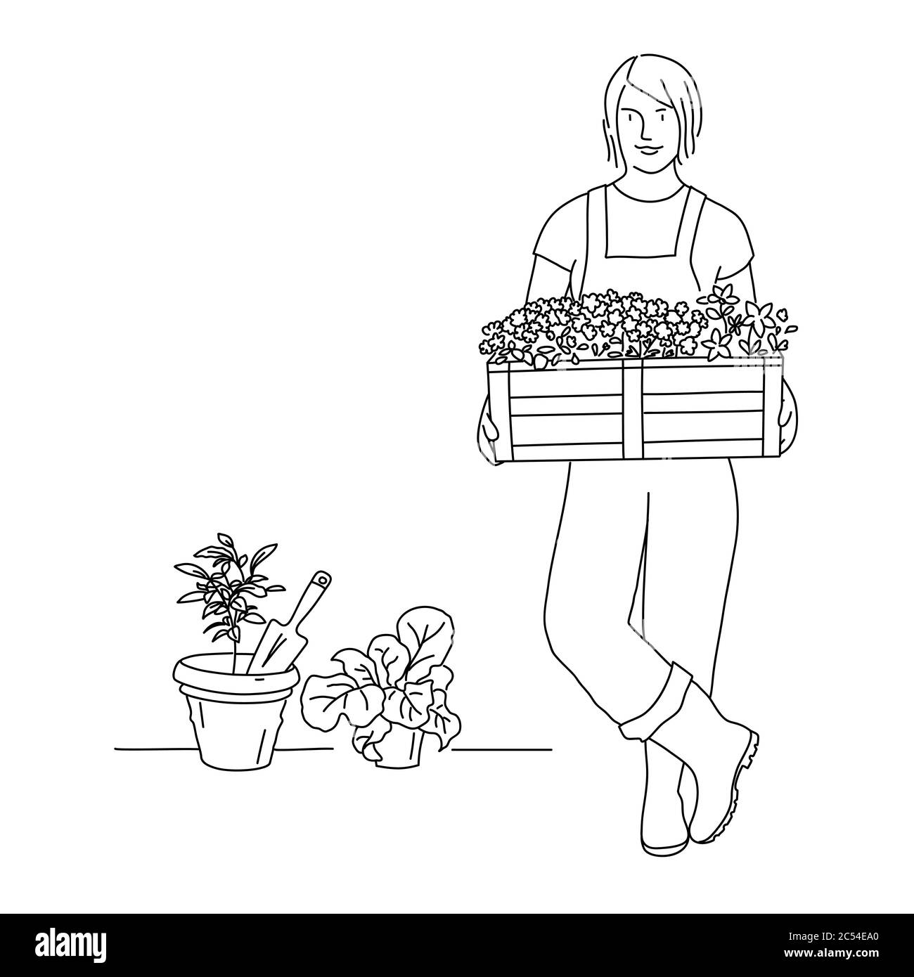 Linienzeichnung der Gärtnerin mit einer Blumenkaste im Garten. Vektorgrafik. Stock Vektor