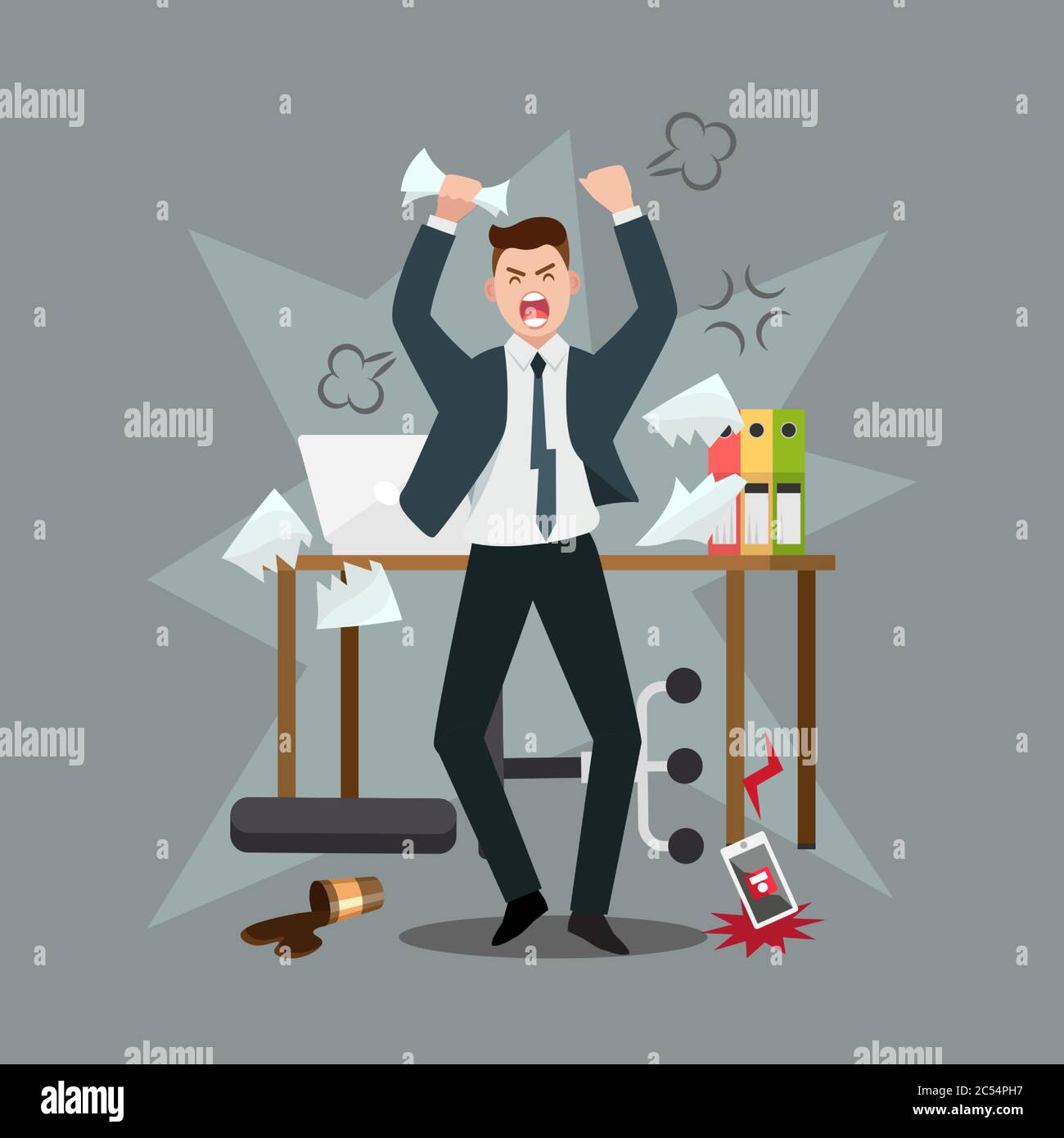 Stress am Arbeitsplatz. Furioser Geschäftsmann erlebt Nervenzusammenbruch oder professionelle Burnout im Büro, wirft Möbel und schreien, Vektor Stock Vektor