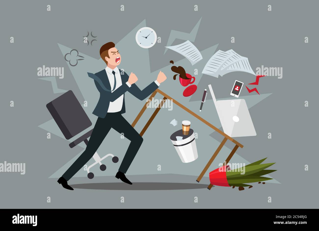 Stress am Arbeitsplatz. Furioser Geschäftsmann erlebt Nervenzusammenbruch oder professionelle Burnout im Büro, wirft Möbel und schreien, Vektor Stock Vektor