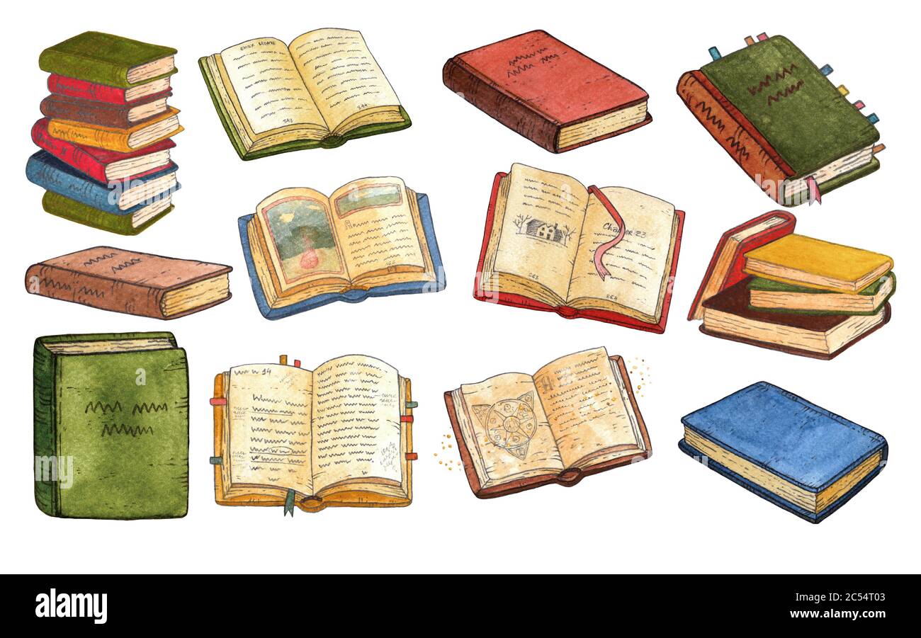 Sammlung von Vintage-Büchern und -Stapeln. Aquarellset, Clipart Stockfoto
