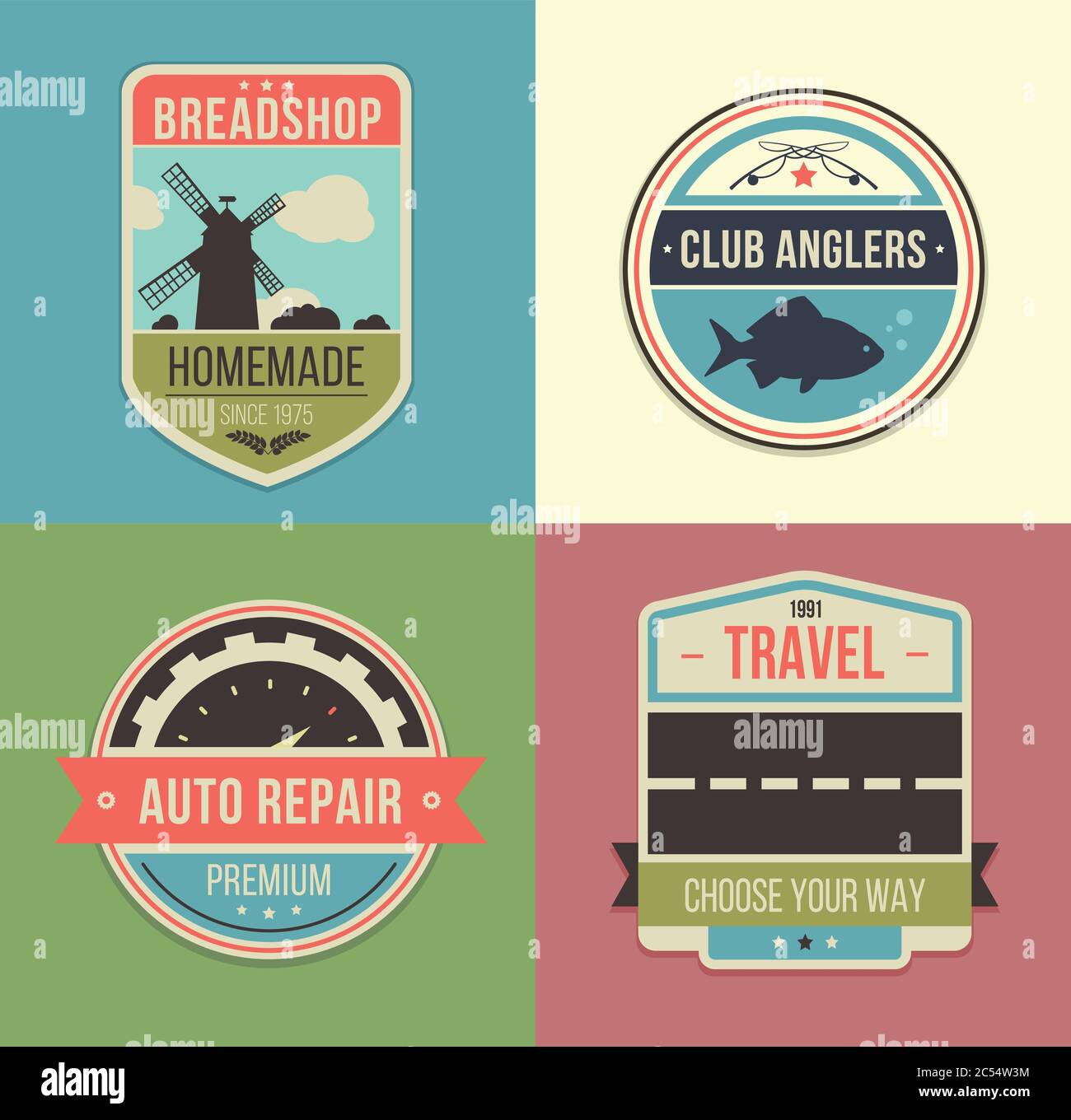 Set von Vintage Reise Abzeichen und Logo Embleme. Vektorgrafik Stock Vektor