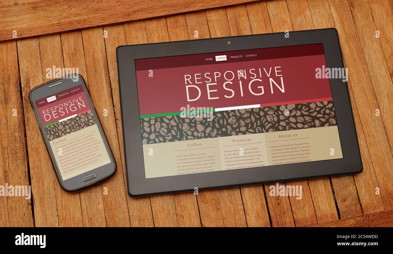 Responsive Design Webseite. Draufsicht auf Tablet und Handy über einem rustikalen Tisch. Auf dem Bildschirm von beiden ist offen ansprechenden Website von Kaffee Thema. Stockfoto
