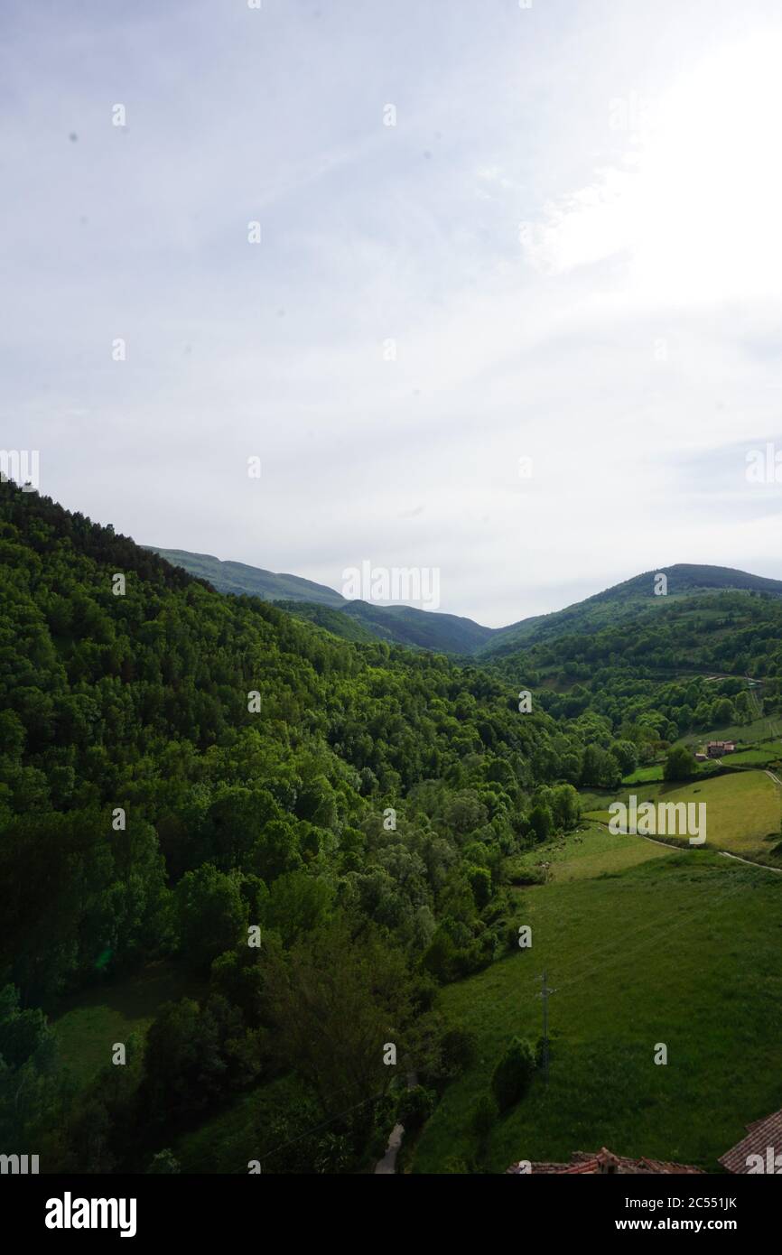 Wunderschöne Berge, die von Wäldern bedeckt sind und unter dem blauen Himmel glänzen Stockfoto